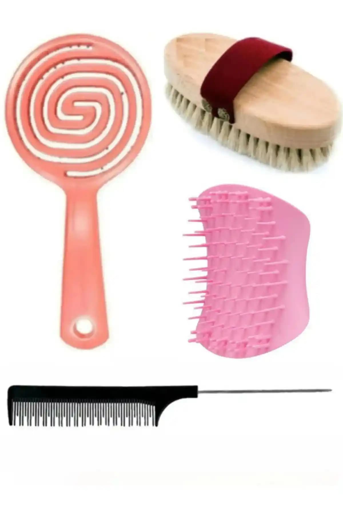 AcarlarTicaret Doğal At Kılı Fırçası ve 3 Boyutlu Taraklı 4 Lü Saç Bakım Seti
