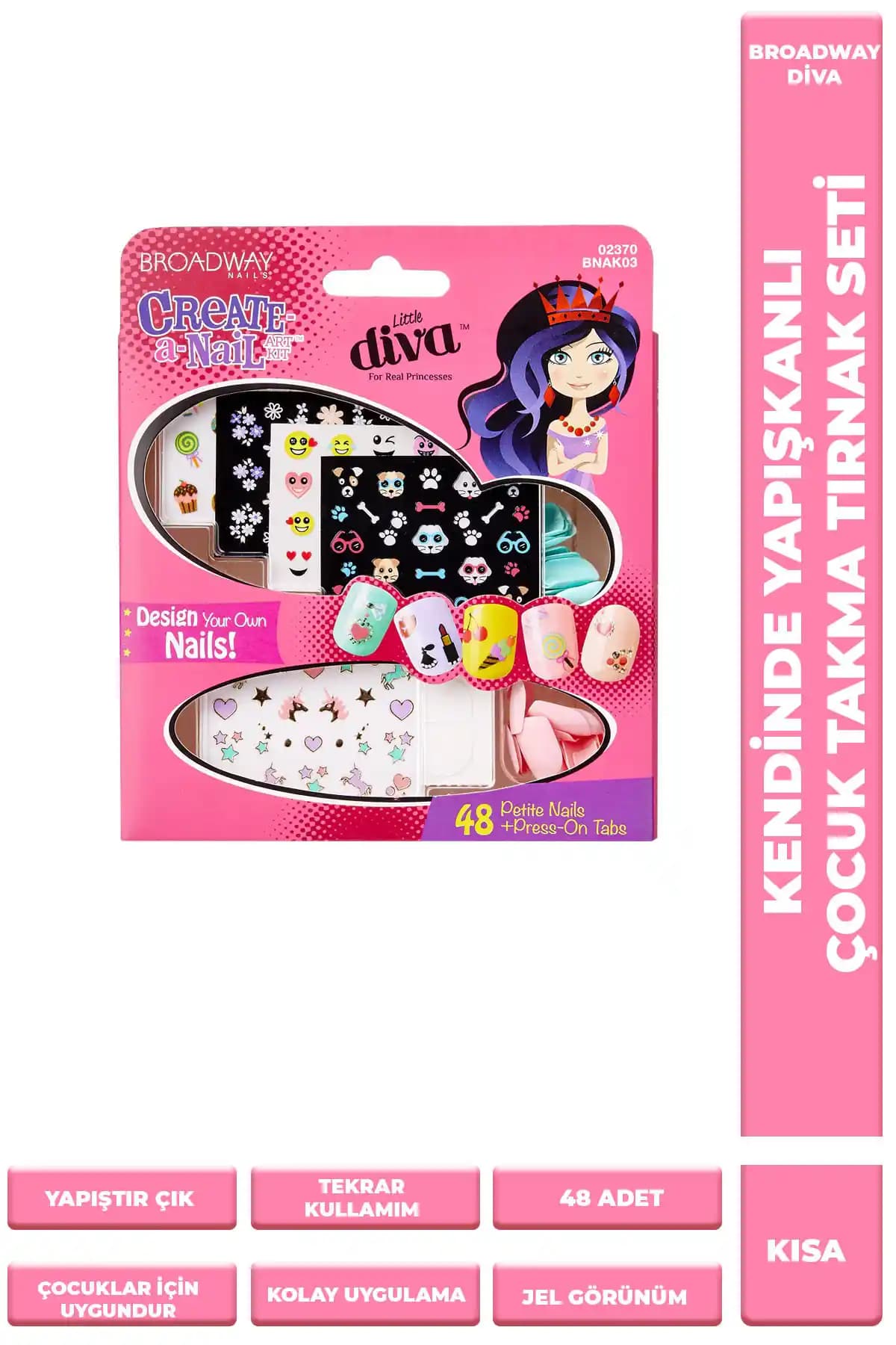 Broadway Kendinden Yapışkanlı Çocuk Takma Tırnak Seti 7-13 Yaş İçin Renkli Tasarımlar