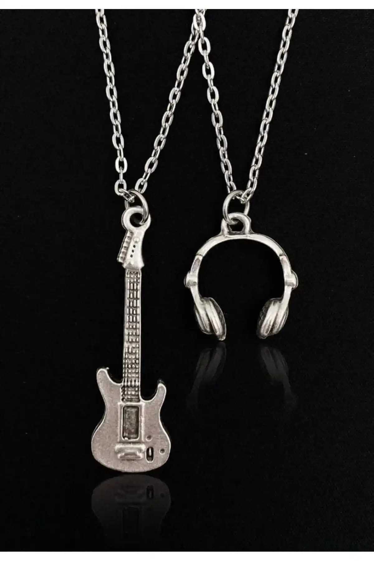 Genel Markalar Elektro Gitar Kulaklık Model 2'li Set 925 Ayar Gümüş Kaplama Kolye