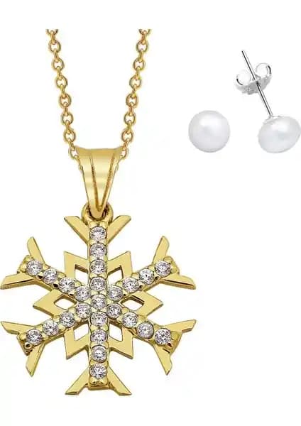 AltınSepeti Kar Tanesi Kolye ve İnci Küpe Takımı: Zarif ve Anlamlı Altın Takı Seti