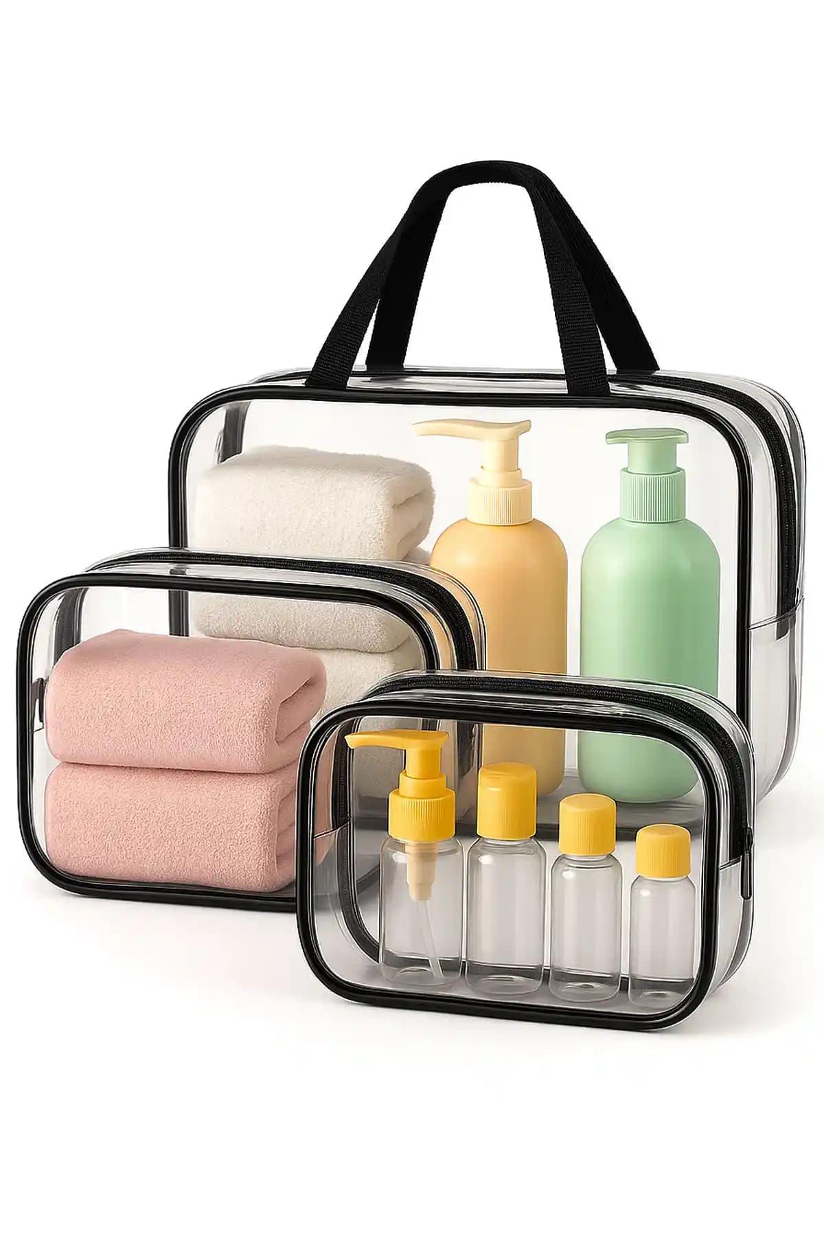 Arnee Kadın Erkek 3 Adet Şeffaf Seyahat Makyaj Çantası Pratik ve Çok Amaçlı Kullanım