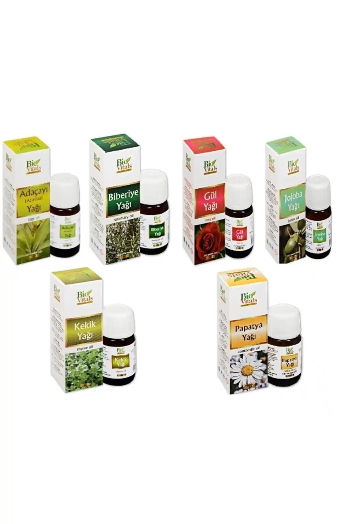 Bio Vitals Ada Çayı Biberiye Gül Kekik Papatya Jojoba Aromatik Masaj ve Cilt Bakım Yağı Seti Türkiye Menşei