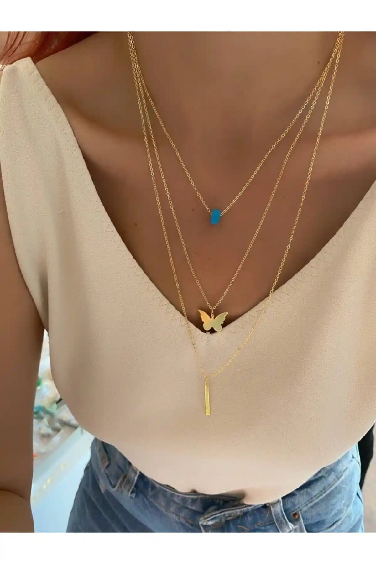 Everglow Jewelry Premium Pul Kelebek Kolye Üçlü Altın Kaplama Zarif Tasarım