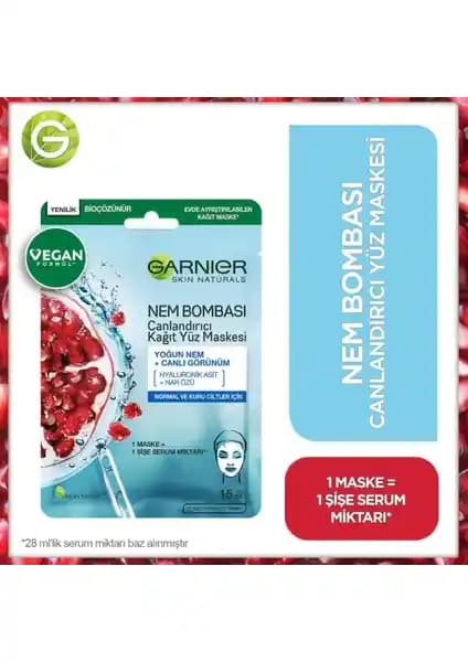 Garnier Nem Bombası Canlandırıcı Kağıt Yüz Maskesi: Yoğun Nem ve Canlılık Sağlayan Cilt Bakım Ürünü