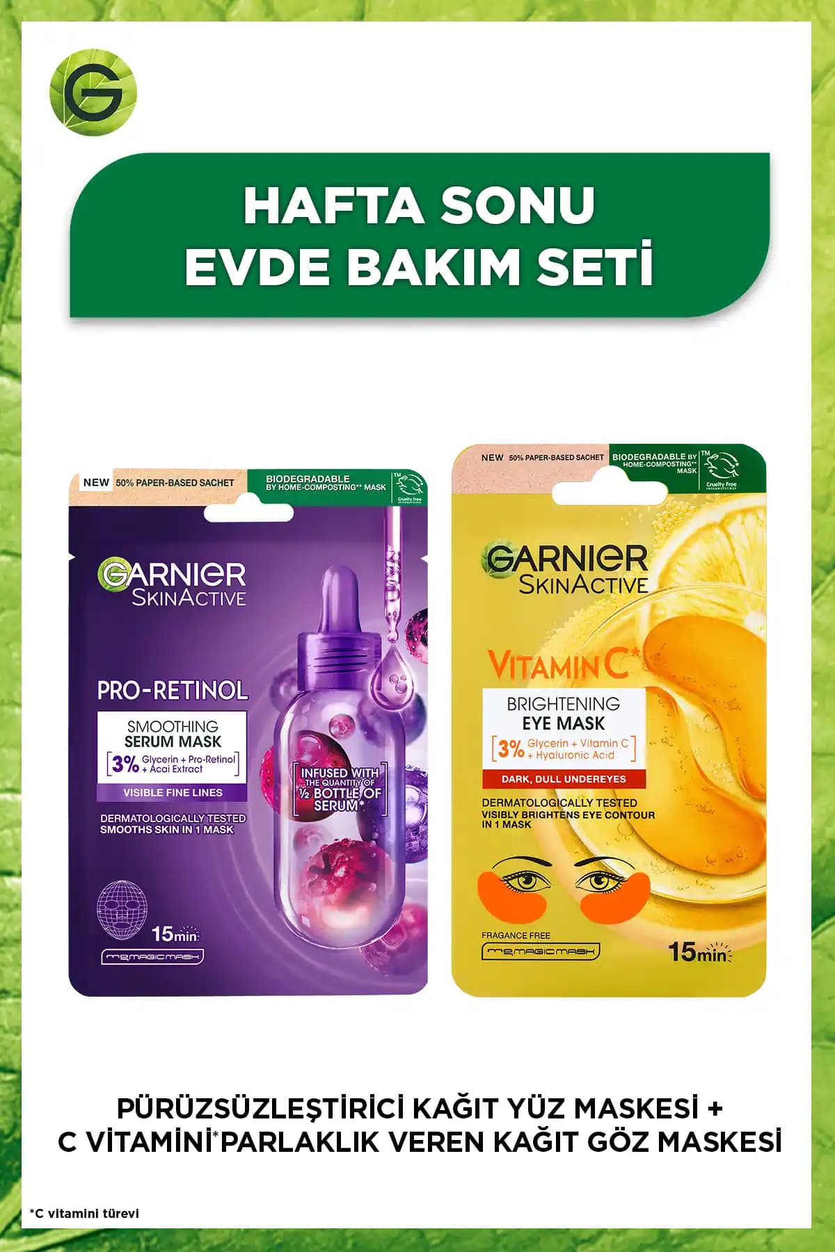 Garnier Pro-Retinol Kağıt Maske ve Göz Maskesi ile Cilt Canlandırma ve Aydınlatma