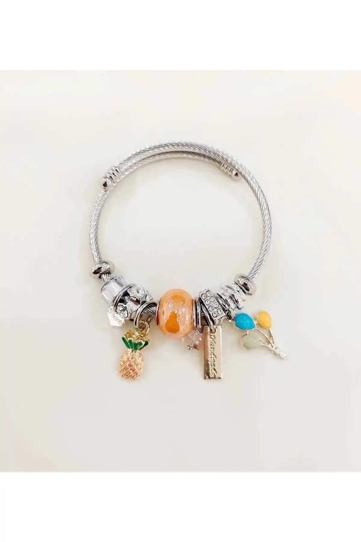 Genel Markalar Turuncu Taşlı Ananas ve Balon Figürlü Çelik Charm Bileklik Özellikleri ve Kullanım Alanları