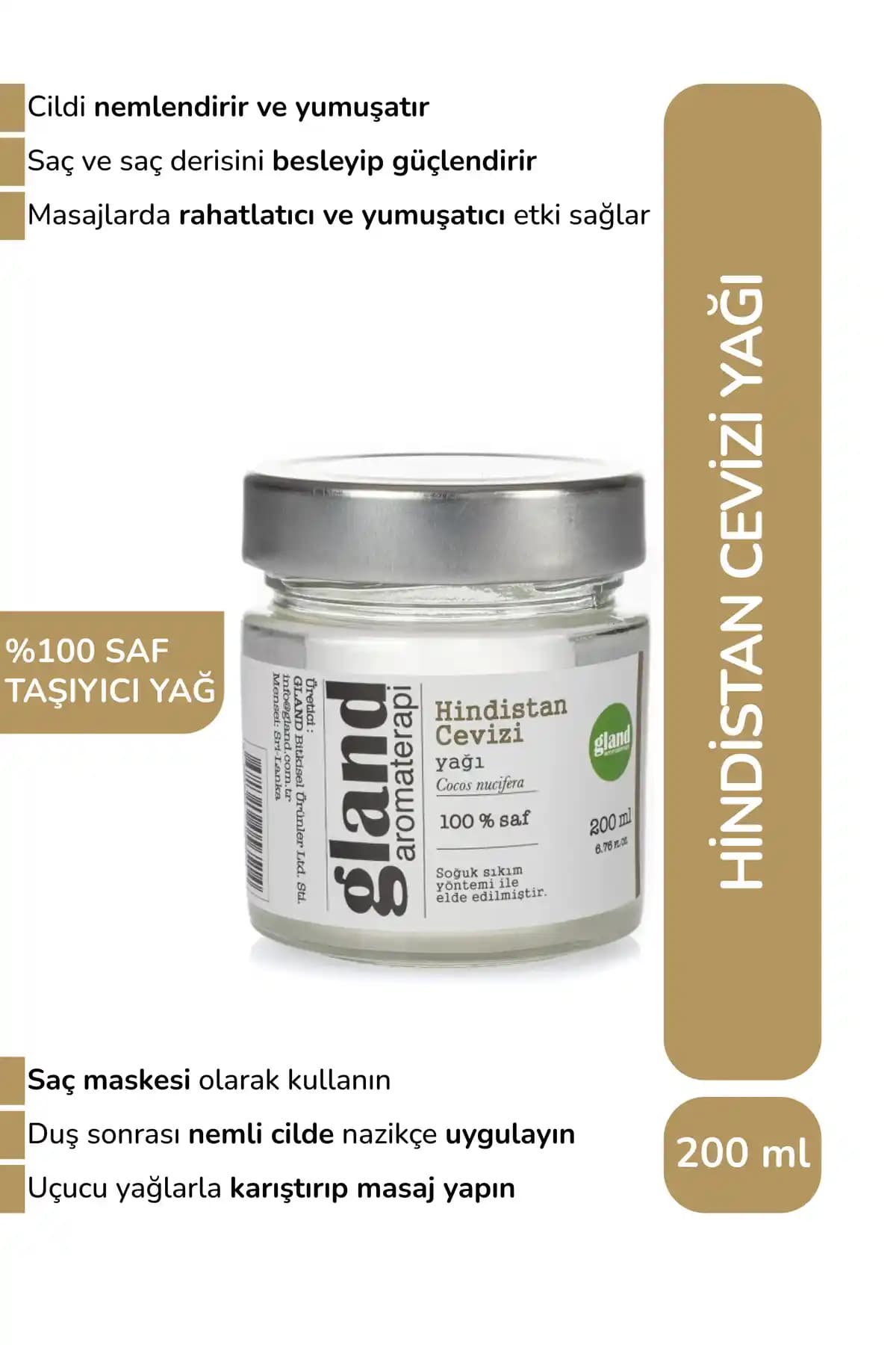 Gland Hindistan Cevizi Yağı 200 ml Doğal Cilt ve Saç Bakımı İçin Güçlü Bir Seçenek