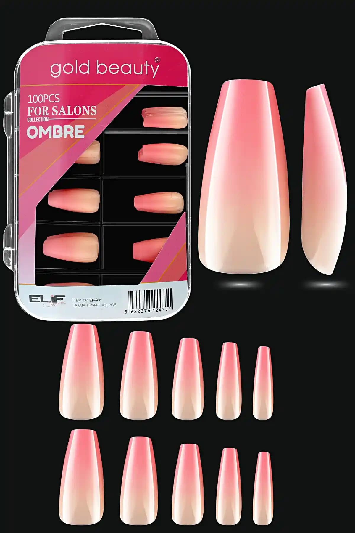 Gold Beauty Ombre 100'lü Takma Tırnak Seti Estetik ve Pratik Kullanım İçin Uygun