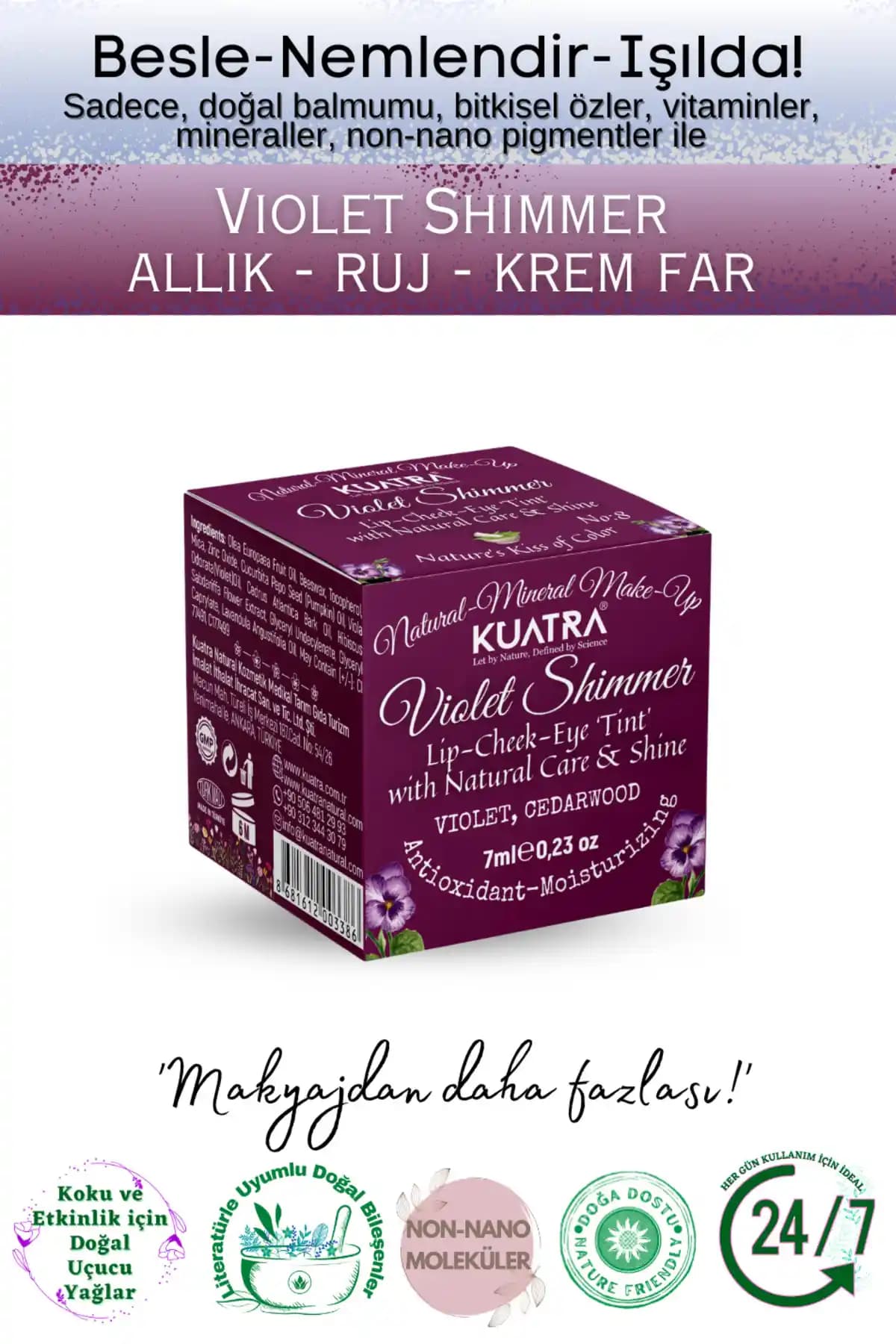 Kuatra Violet Shimmer Lip-Cheek-Eye ‘Tint’ Çok Yönlü Doğal Güzellik Sırrı