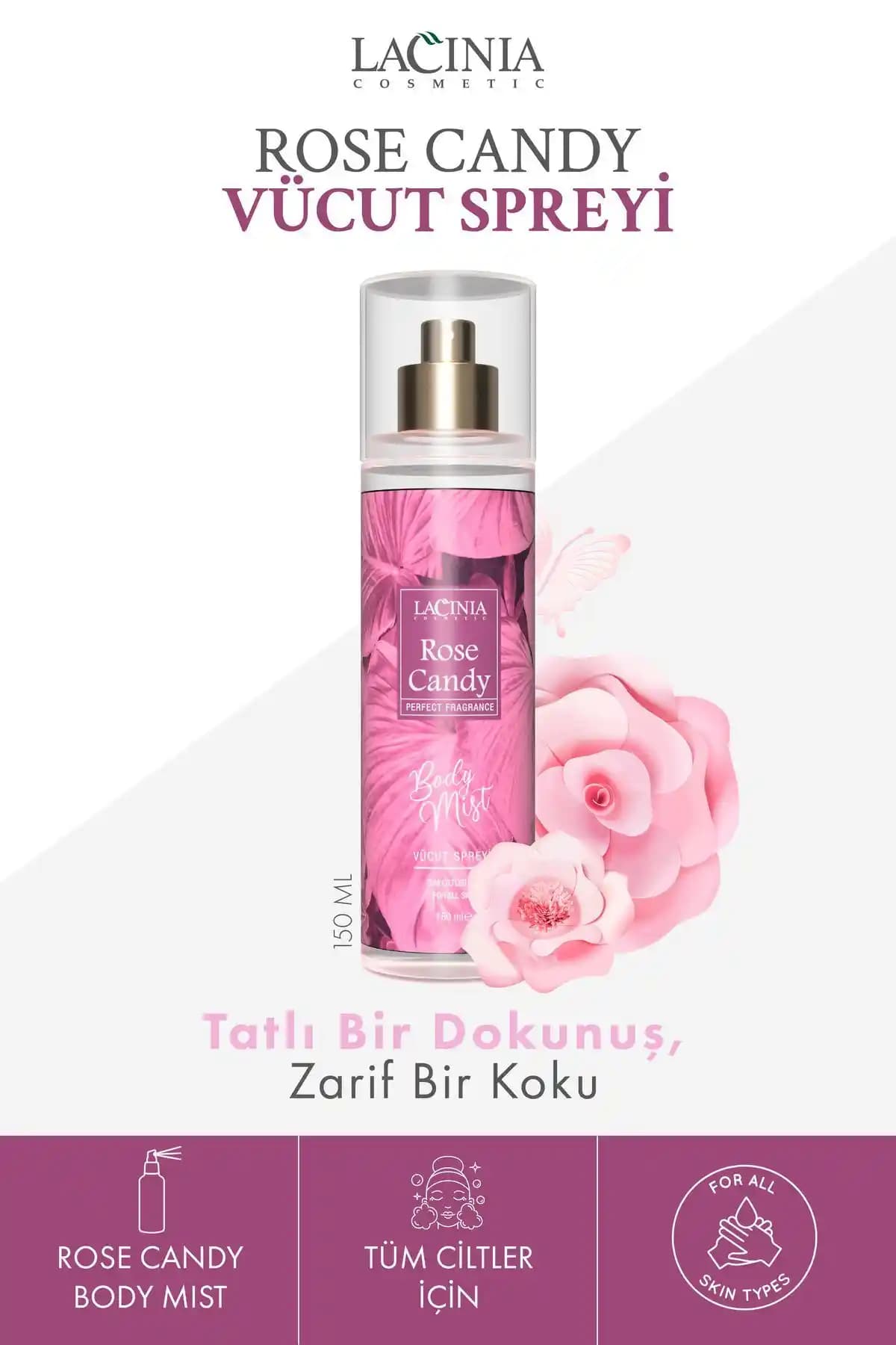 Lacinia Rose Candy Body Mist: Hafif ve Ferahlatıcı Gül ve Çilek Kokusu 150 ml