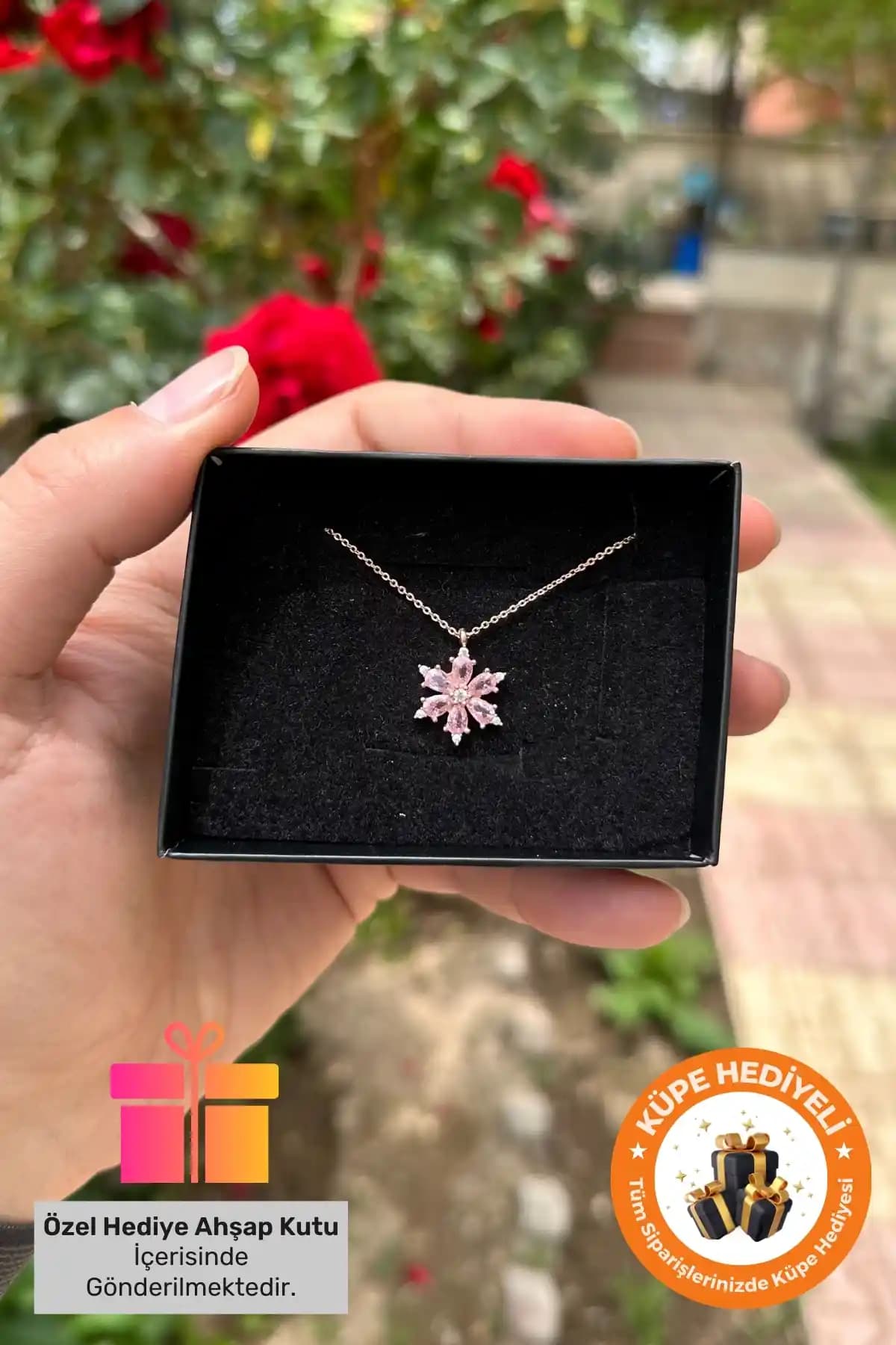 Lucente Jewellery 925 Ayar Gümüş Kaplama Pembe Lotus ve Ametist Taşlı Kadın Kolye