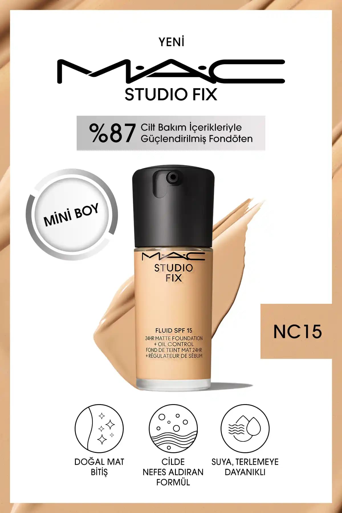 Mac Studio Fix Fluid SPF 15 ile yüksek kapatıcılık ve doğal mat görünüm sağlayan sıvı fondöten