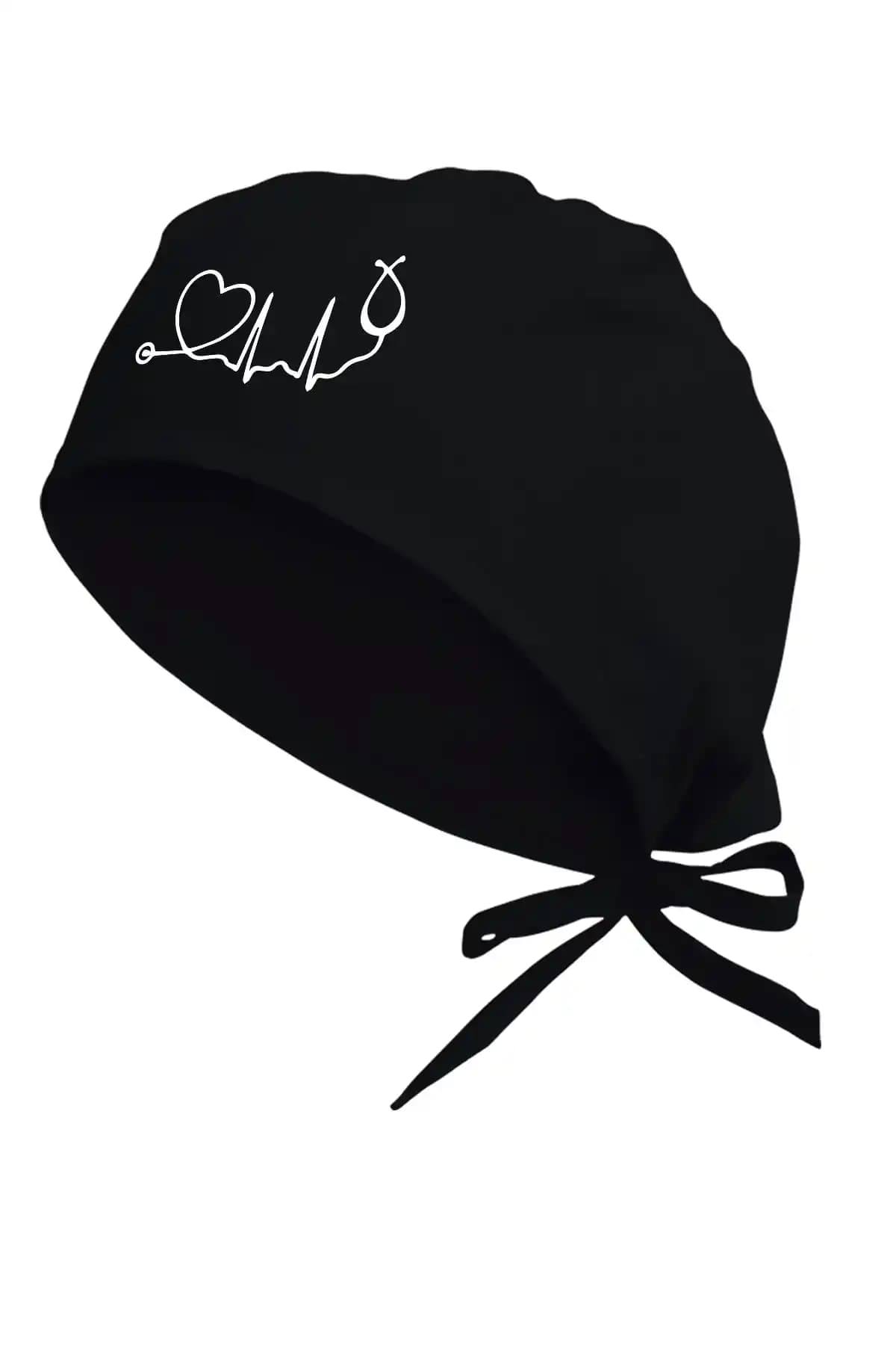 Modern ve Konforlu Siyah Kalp Ritm Temalı Unisex Hastane Bonesi Ürün Tanıtımı