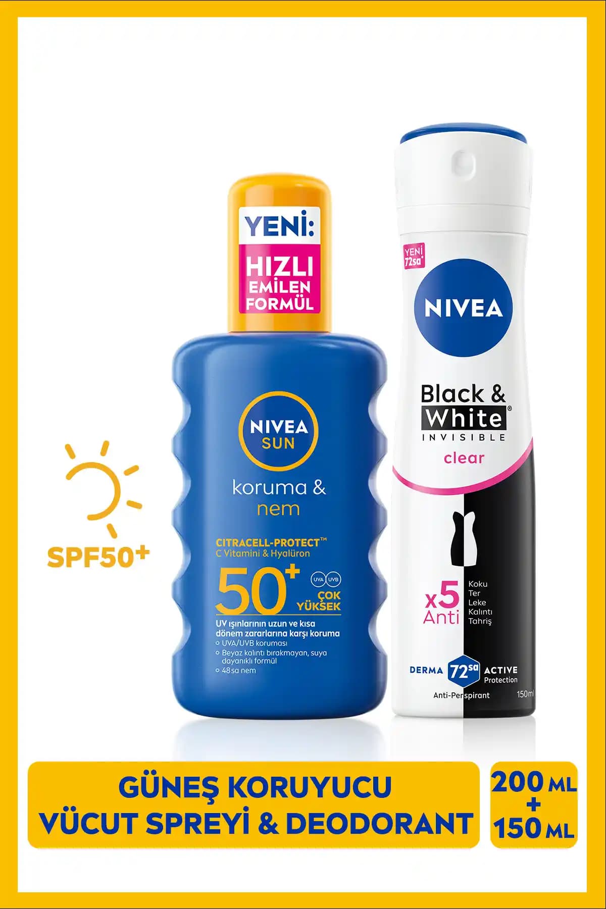 NIVEA SUN SPF50 Güneş Koruyucu Vücut Spreyi ve Black&White Invisible Clear Deodorant Ürünleri