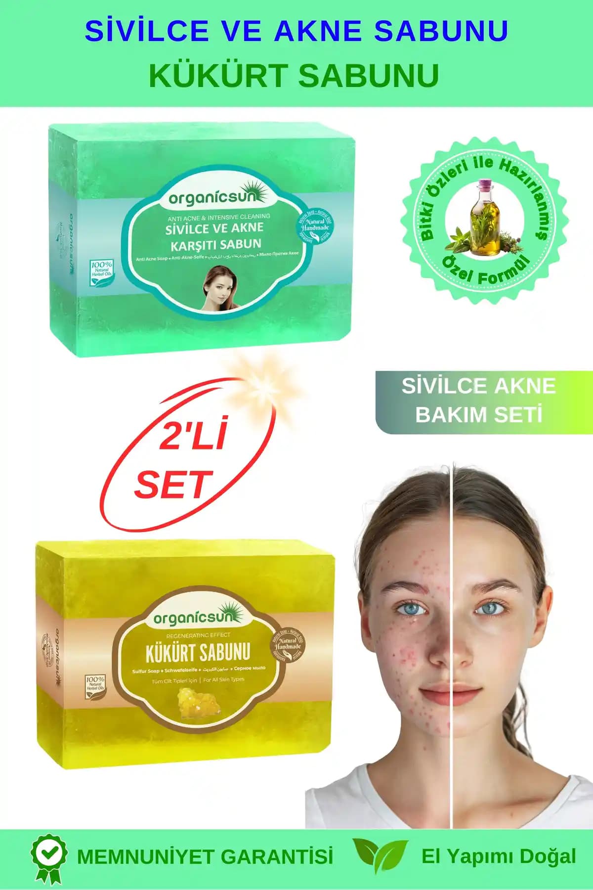 Organicsun Doğal Kükürt Sabunu ve Sivilce Karşıtı Sabun Seti Cilt Sağlığı İçin Uygun