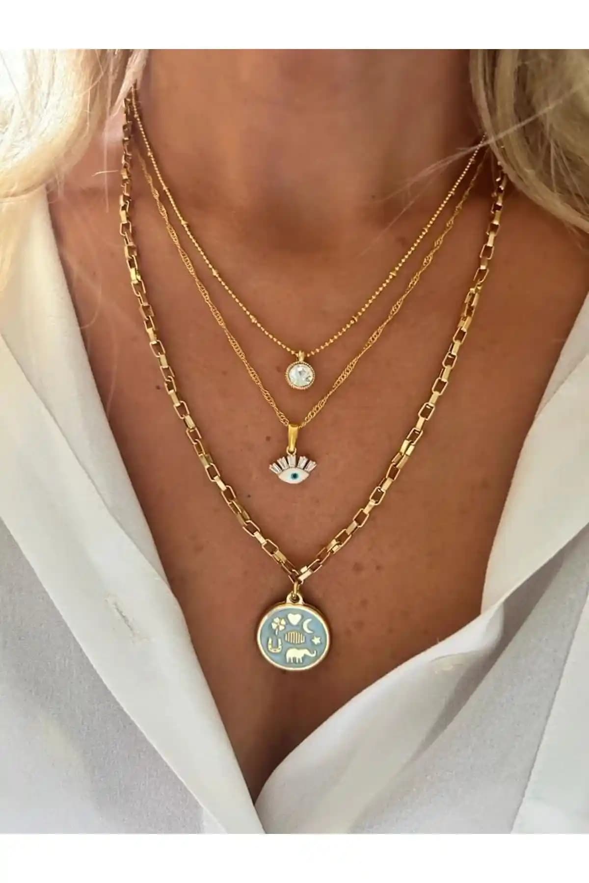 Rossetto Atelier Altın Kaplama Nazar Göz Tek Taş Detaylı 3 Parça Kolye Seti