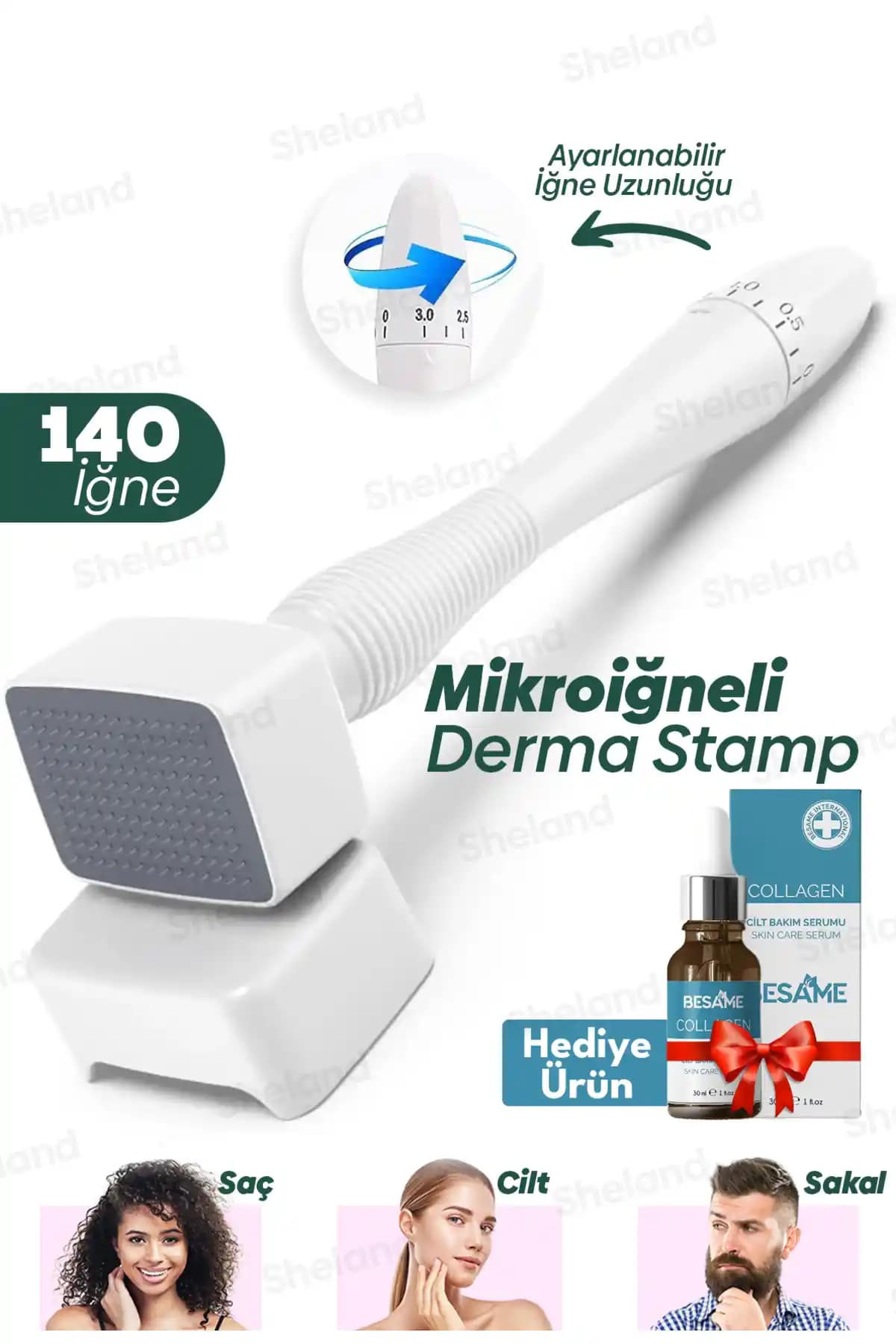 Sheland Dermastamp Titanyum İğneli Cilt Bakım Cihazı ve Kolajen Serumu Özellikleri