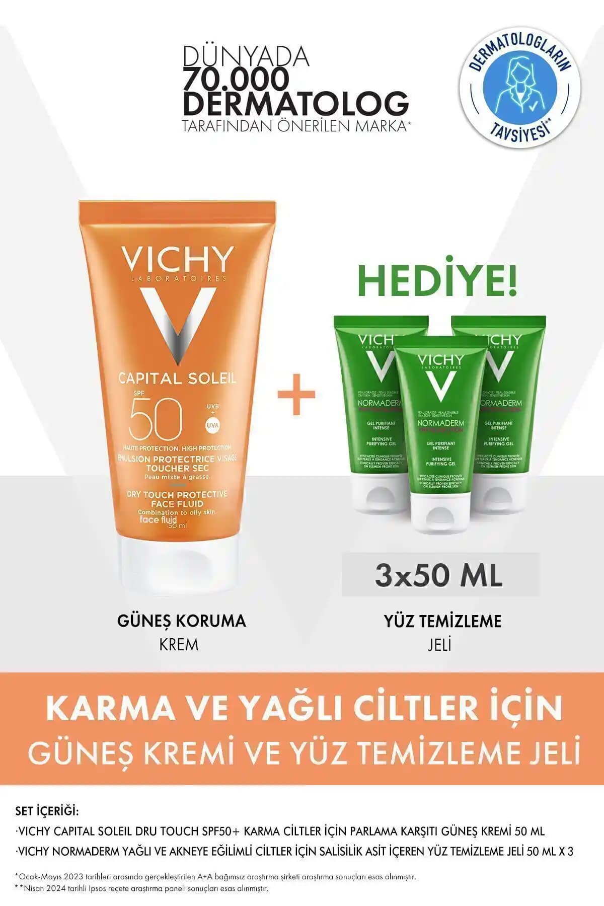 Vichy Karma ve Yağlı Ciltler İçin Bakım Seti: Güneş Koruma ve Temizleme Çözümü
