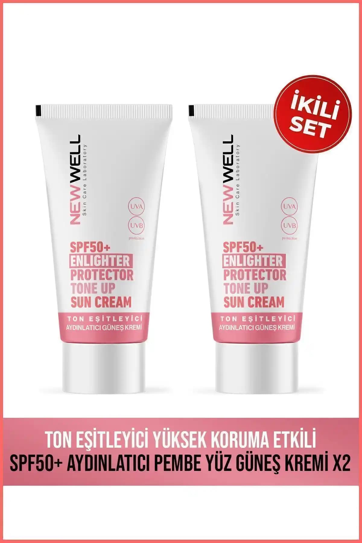 Yeni Well 2 Adet Ton Eşitleyici Yüz Güneş Kremi SPF 50+ ile Güçlü Koruma ve Parlaklık Sağlar