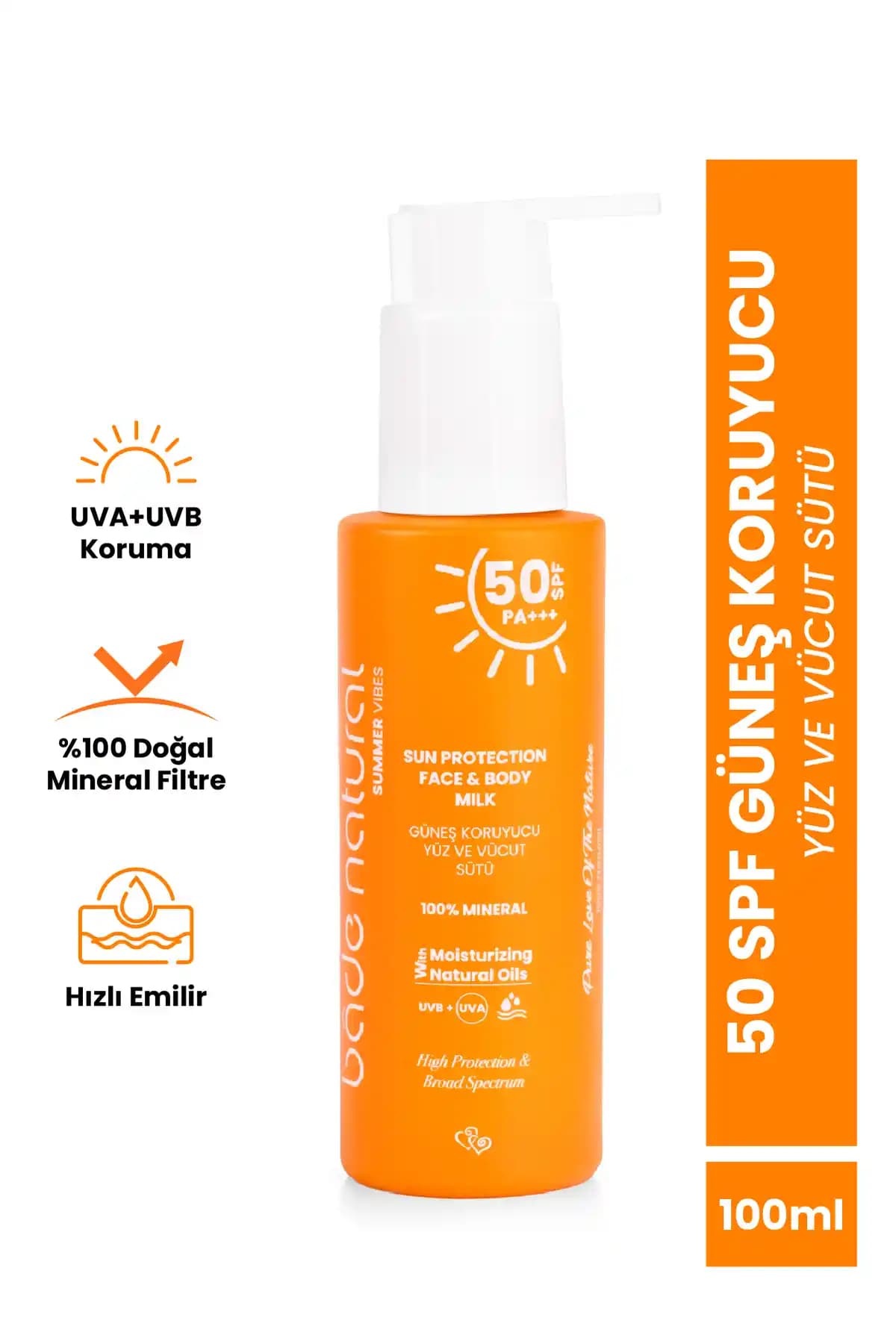 Bade Natural 50 SPF Güneş Koruyucu Yüz ve Vücut Sütü Doğal ve Yüksek Koruma Sağlayan Formül