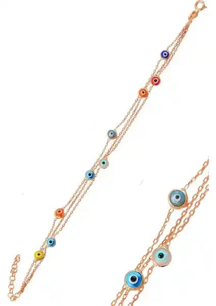 Gümüş Rose Renkli Cam Göz Nazar Üç Zincirli Bileklik - Estetik ve Anlamlı Takı Seçenekleri