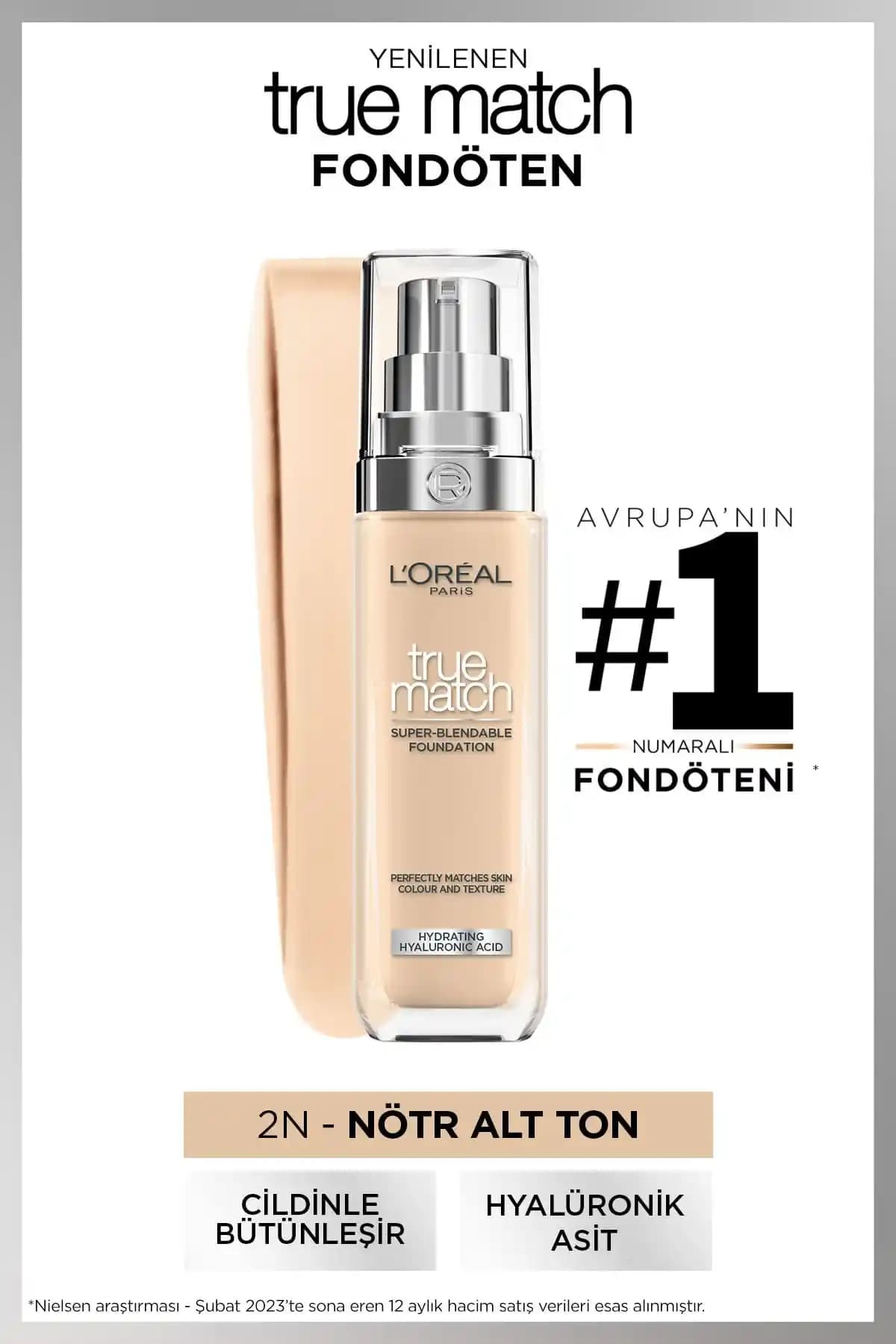 L'Oreal Paris True Match Bakım Yapan Fondöten 2N Nötr Alt Ton ile doğal ve yüksek kapatıcılık sağlayan ürün