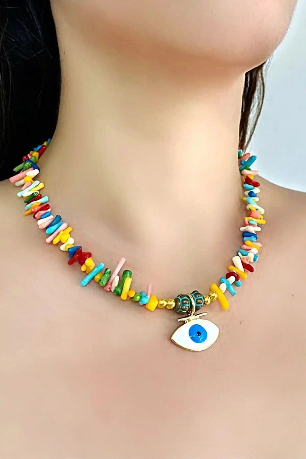 PETEK AKSESUAR Renkli Dal Mercan Doğaltaş Nazar Göz Tasarım Kolye Ürün Tanıtımı ve Özellikleri