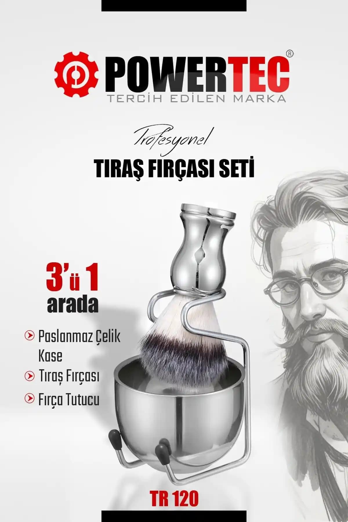 Powertec TR-120 Paslanmaz Çelik Tıraş Fırçası Seti Profesyonel ve Estetik Kullanım İçin
