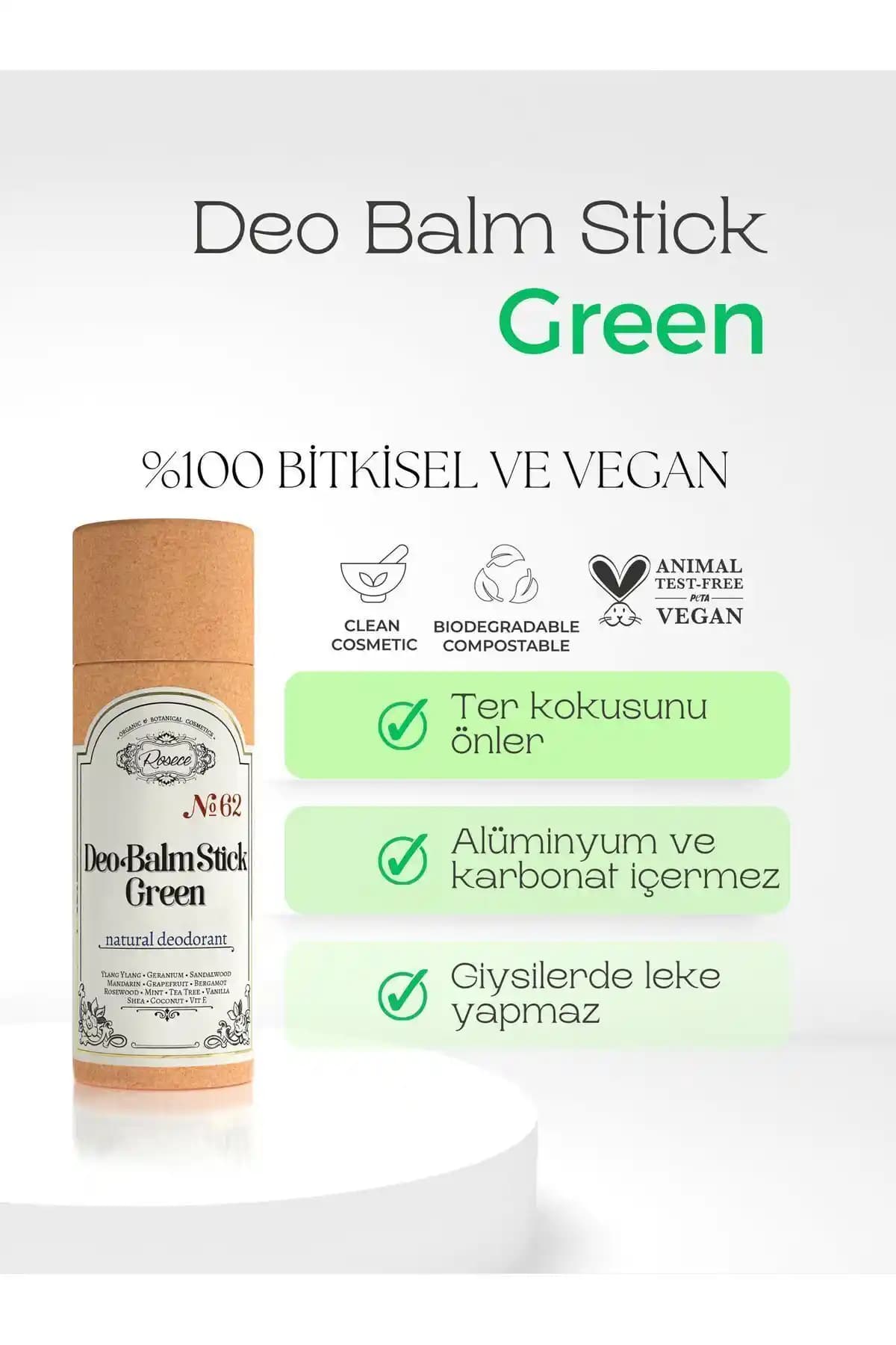 Rosece Deo Balm Stick Green Doğal ve Organik İçeriklerle Uzun Süre Etkili Koltuk Altı Deodorantı