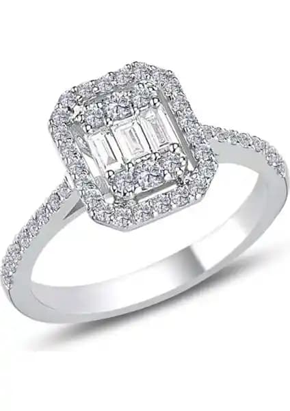 Söğütlü Silver 925 Ayar Gümüş Rodyum Kaplama Baget Taşlı Dikdörtgen Yüzük