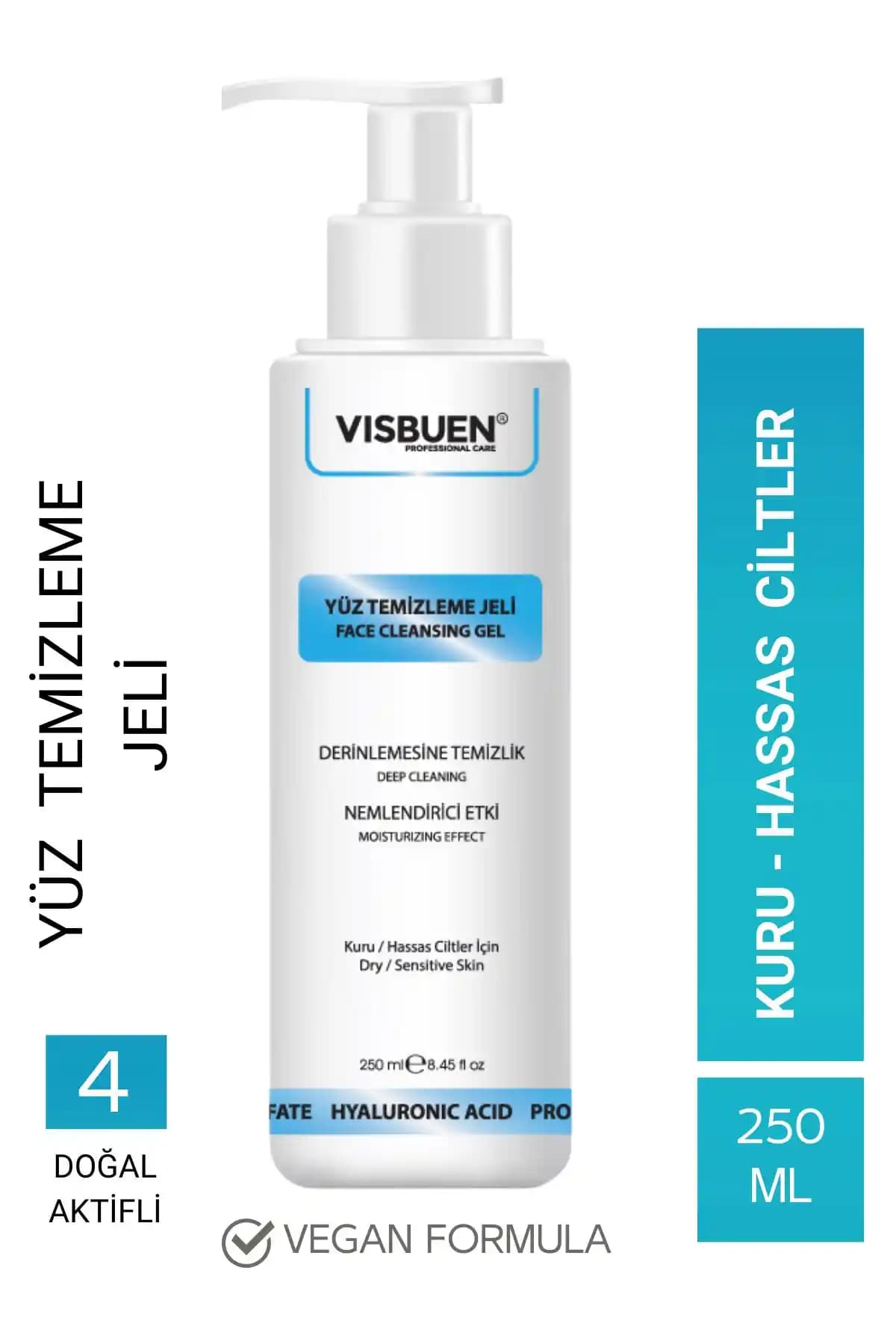 Visbuen Kuru ve Hassas Ciltler İçin 4 Aktifli Nemlendirici ve Arındırıcı Yüz Jeli