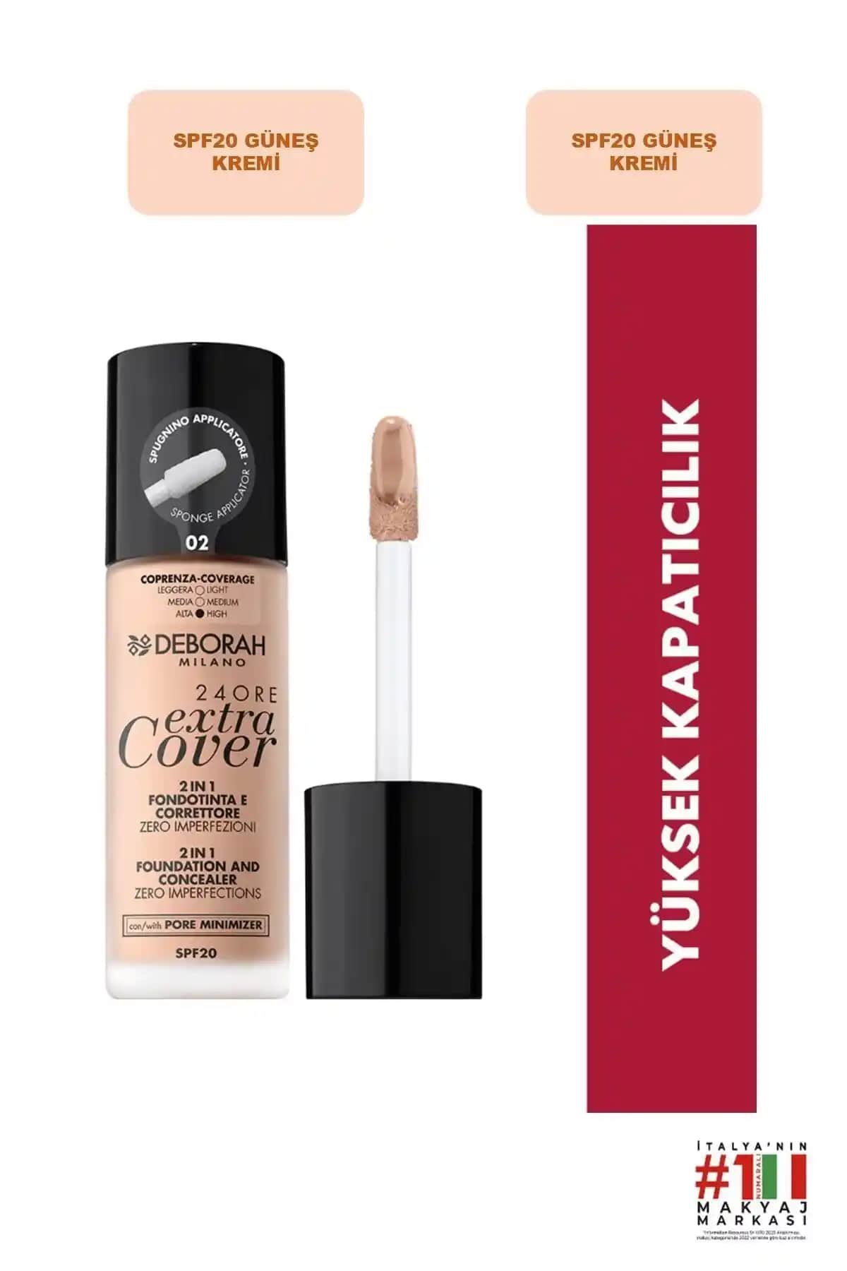 Deborah 24 Ore Extra Cover Fondöten No: 02 Bej - Yüksek Kapatıcılık ve Mat Bitişli Günlük Makyaj Ürünü