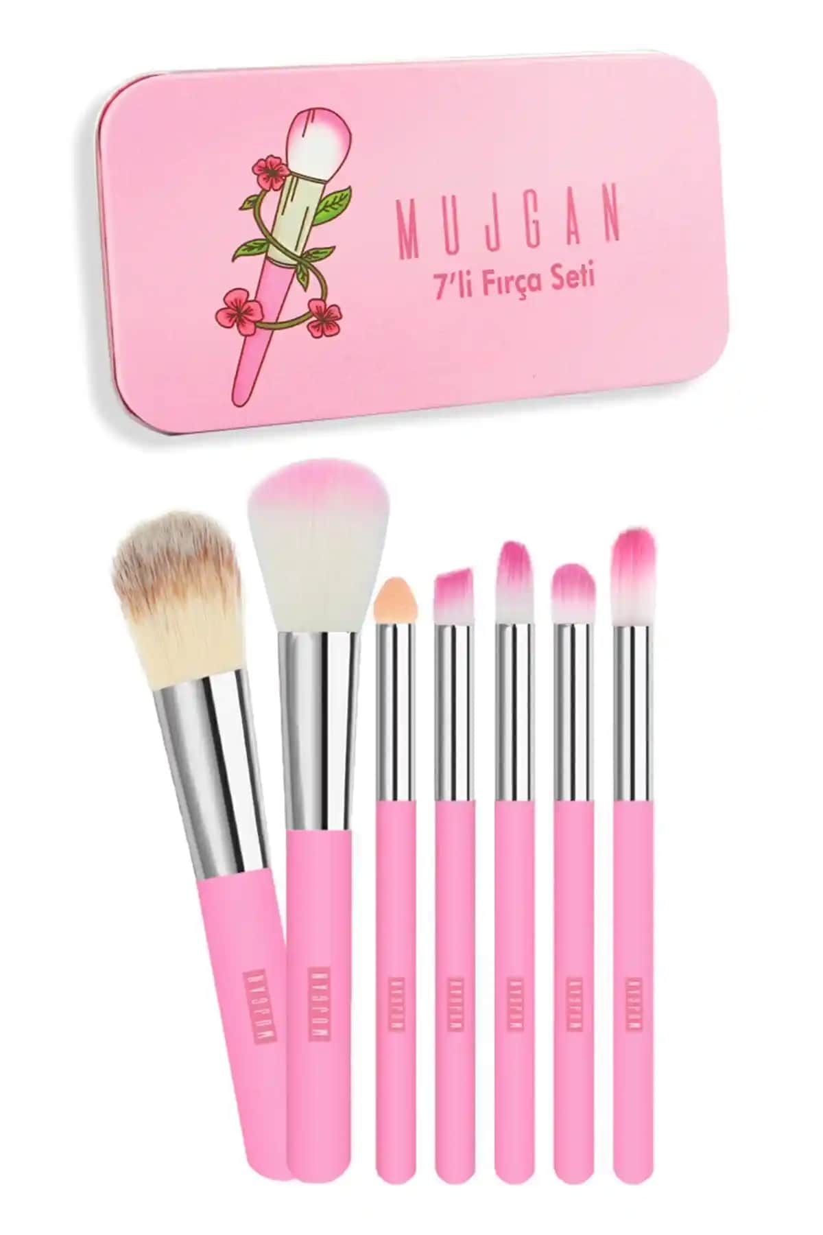 Makyaj Deneyimini Geliştiren MUJGAN 7'li Pembe Fırça Seti Metal Kutulu