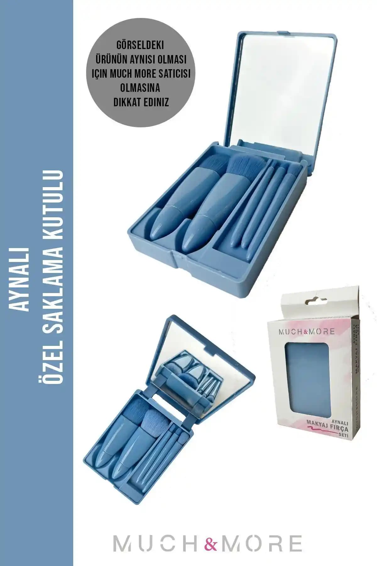 Much and More Taşınabilir Aynalı Mavi 5'li Makyaj Fırça Seti Profesyonel ve Şık Tasarım