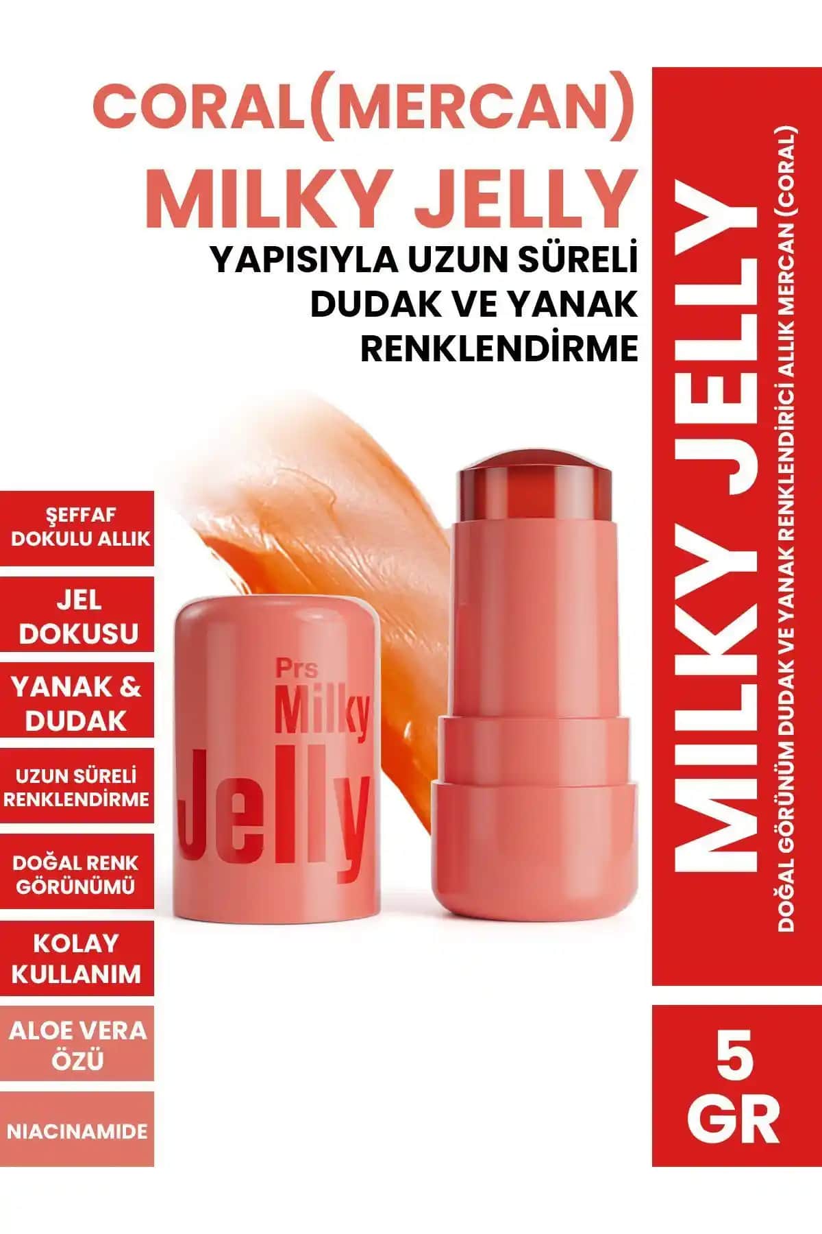 PROCSIN Milky Jelly Dudak ve Yanak Renk Verici Allık Mercan 5 GR Doğal ve Kalıcı Görünüm