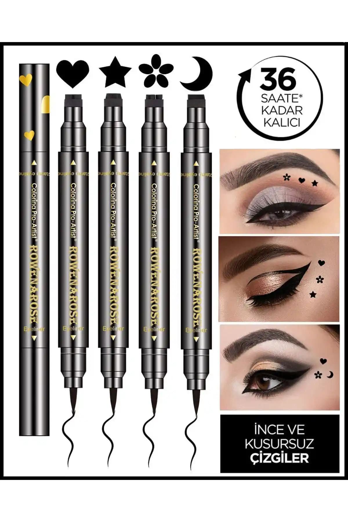 ROWENAROSE Çift Taraflı Yıldız ve Ay Desenli Siyah Mat Eyeliner Üstün Dayanıklılık