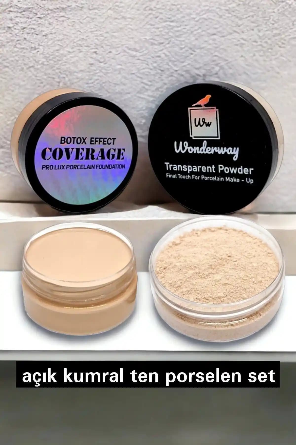Wonderway Yoğun Kapatıcı Porselen Fondöten ve Transparan Pudra Seti Profesyonel ve Günlük Kullanım İçin