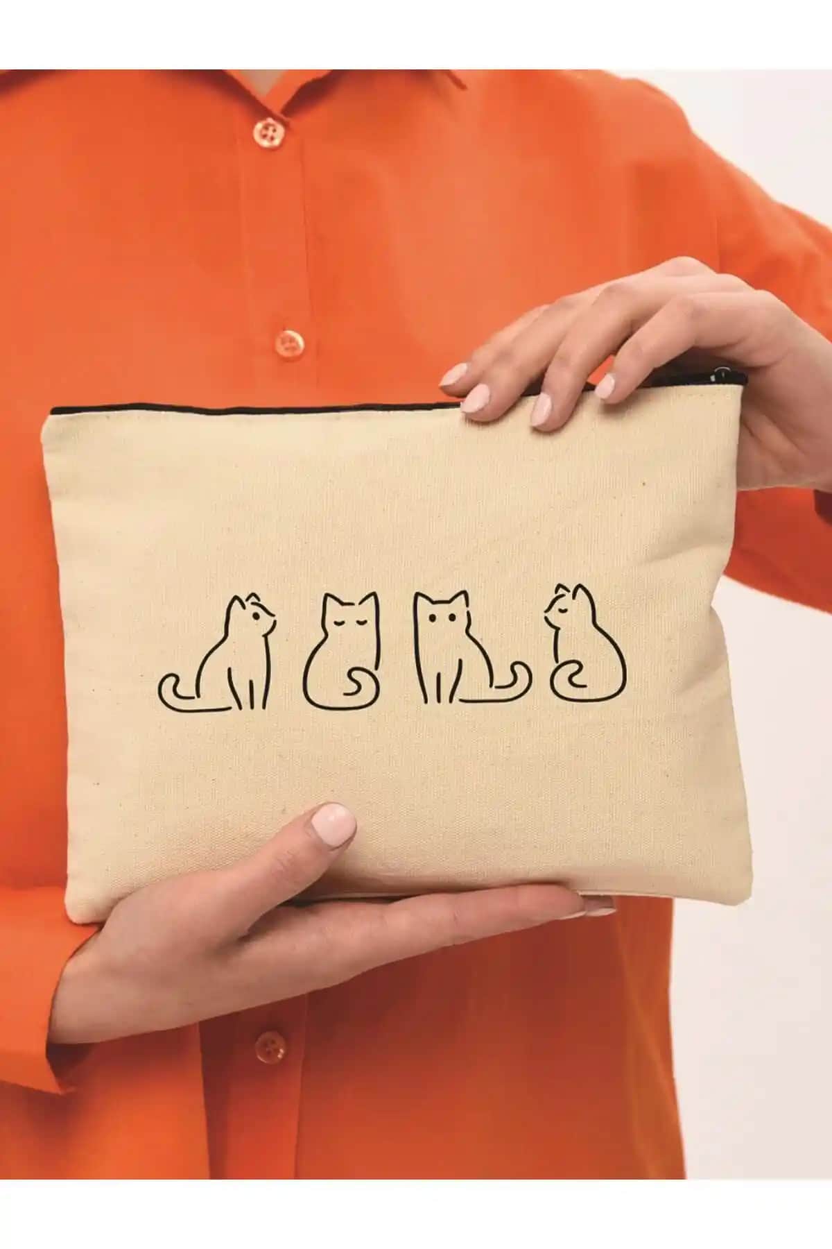 Çınar Bez Çanta Clutch Minik Kediler Kanvas Makyaj Çantası Geniş İç Hacim ve Şık Tasarım
