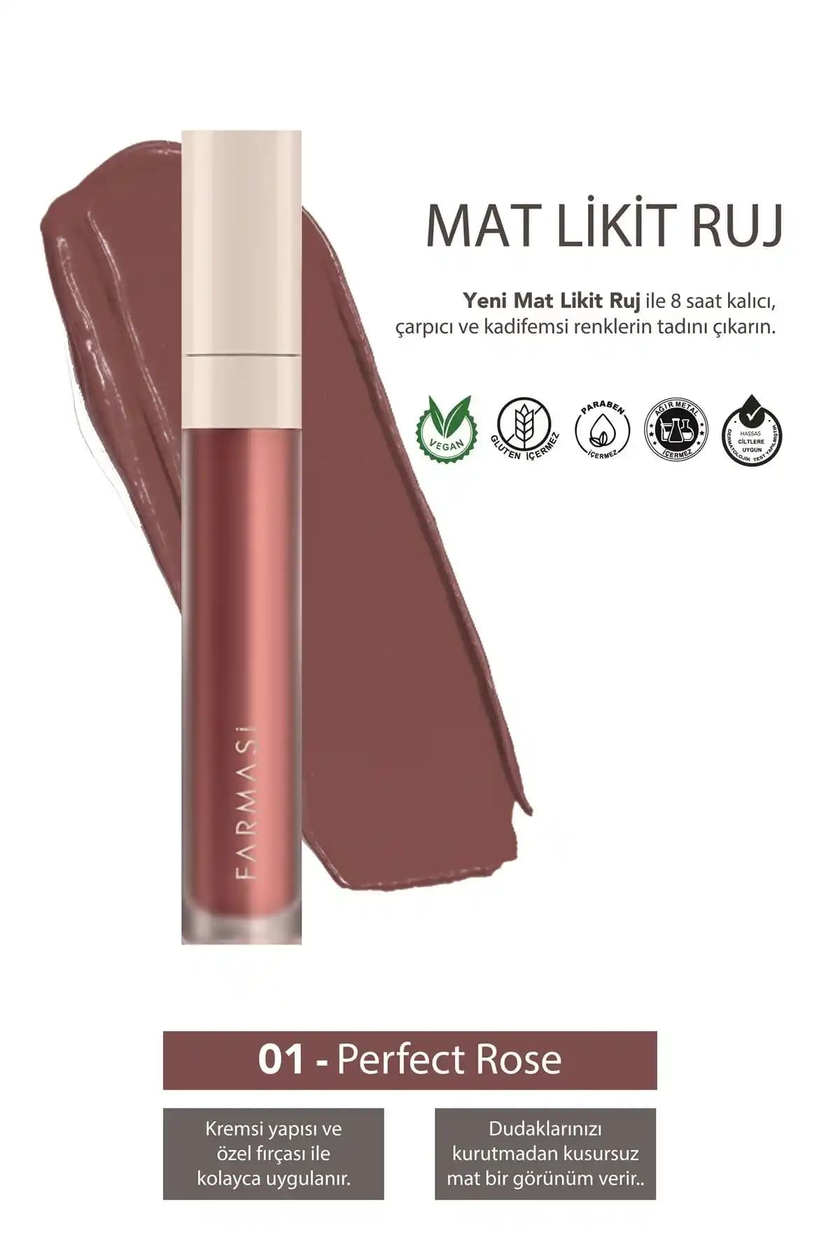 Farmasi Mat Likit Ruj Perfect Rose 4 ml doğal ve kalıcı dudak makyajı seçeneği