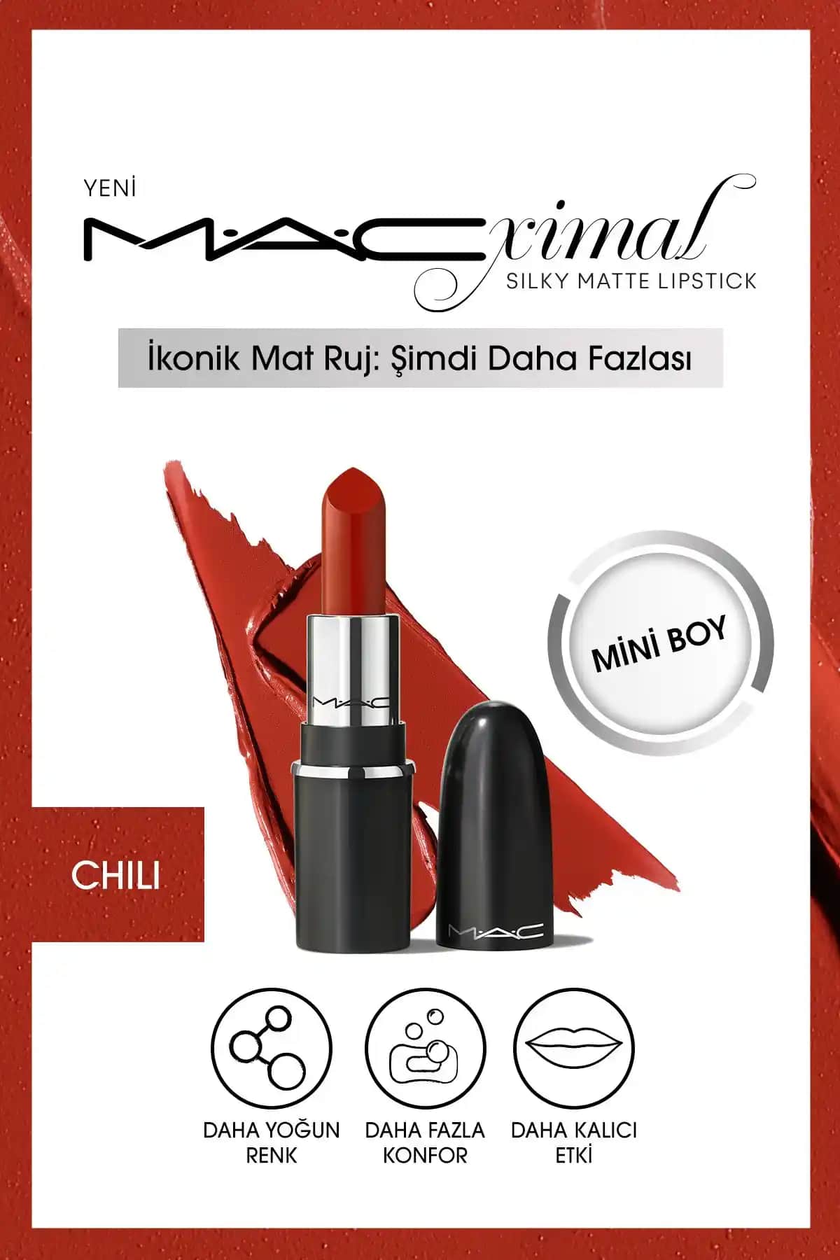 Mac Macximal Mini Mac Silky Matte Dudak Ruju Koyu Kırmızı Renk ve Kalıcılık Özelliğiyle