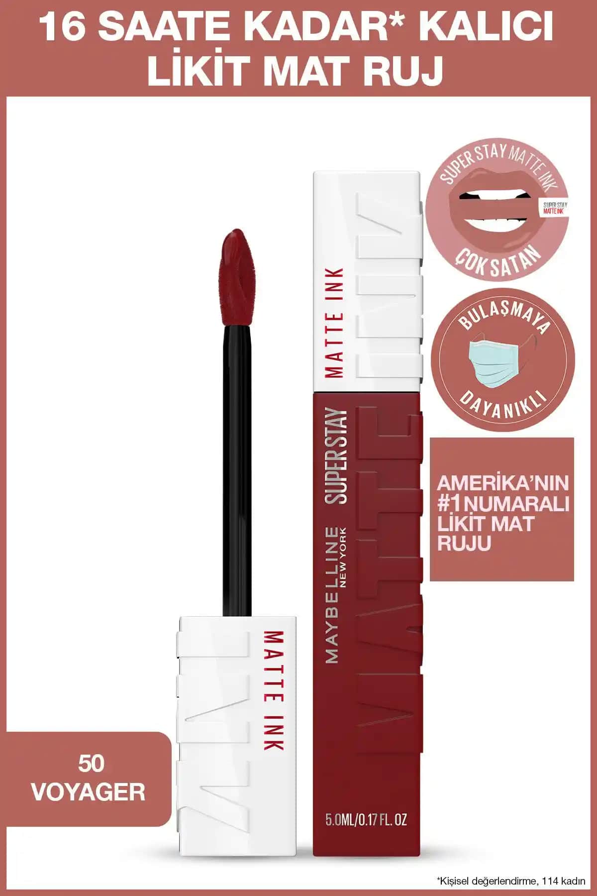 Maybelline Superstay Matte Ink 50 Voyager Kalıcı Mat Ruj Uzun Süre Dayanıklı ve Yoğun Renkli
