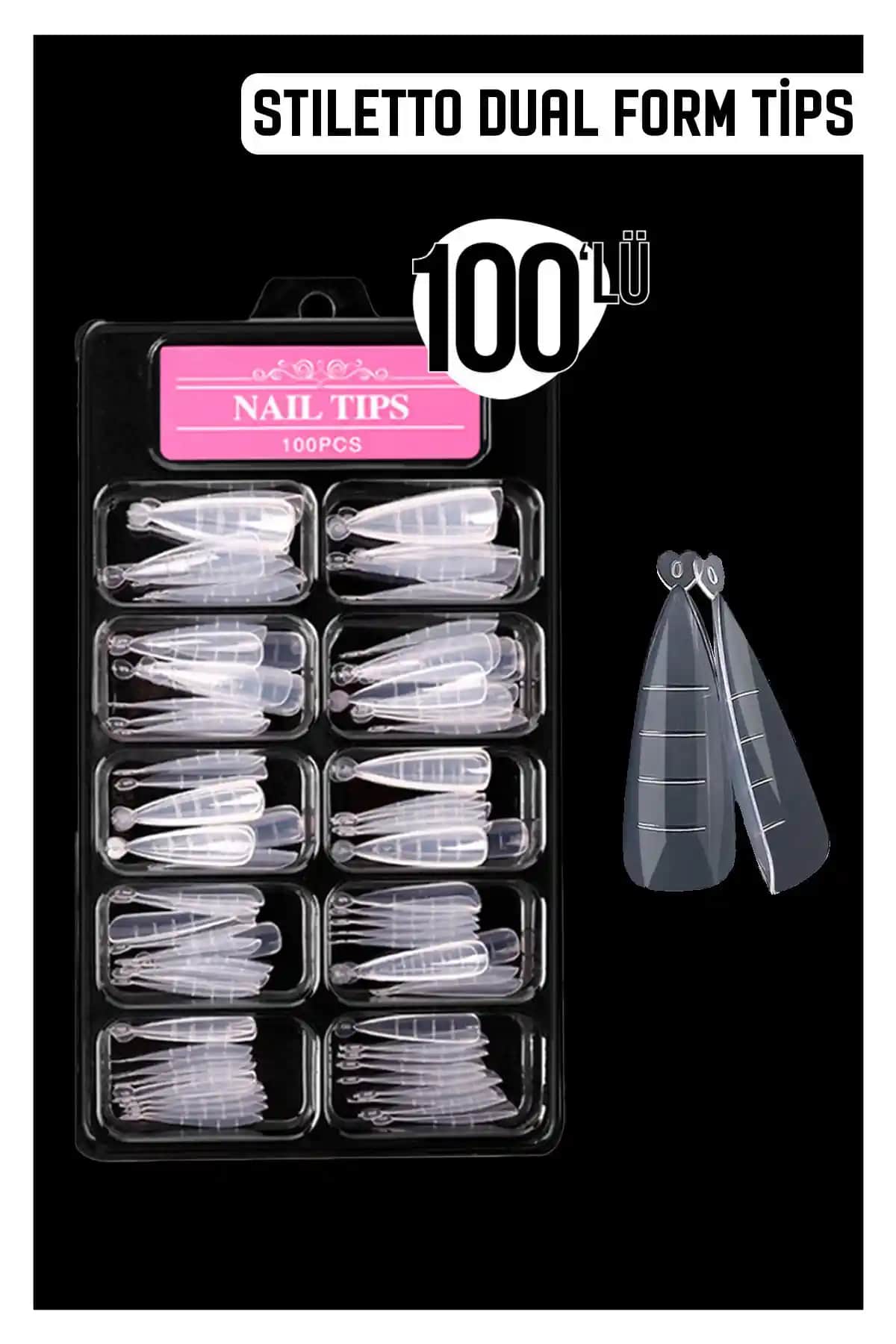 MOZIUR 100'lü Şeffaf Stiletto Dual Form Tips Profesyonel ve Pratik Tırnak Uygulama Seti