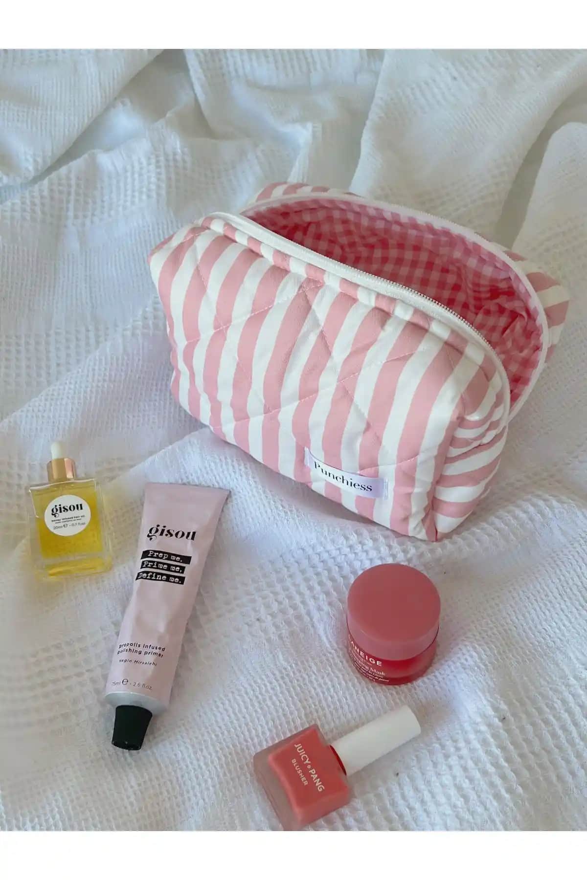 Punchiess Çizgili Büyük Boy Makyaj Çantası Şık ve Dayanıklı Tasarım Özellikleriyle