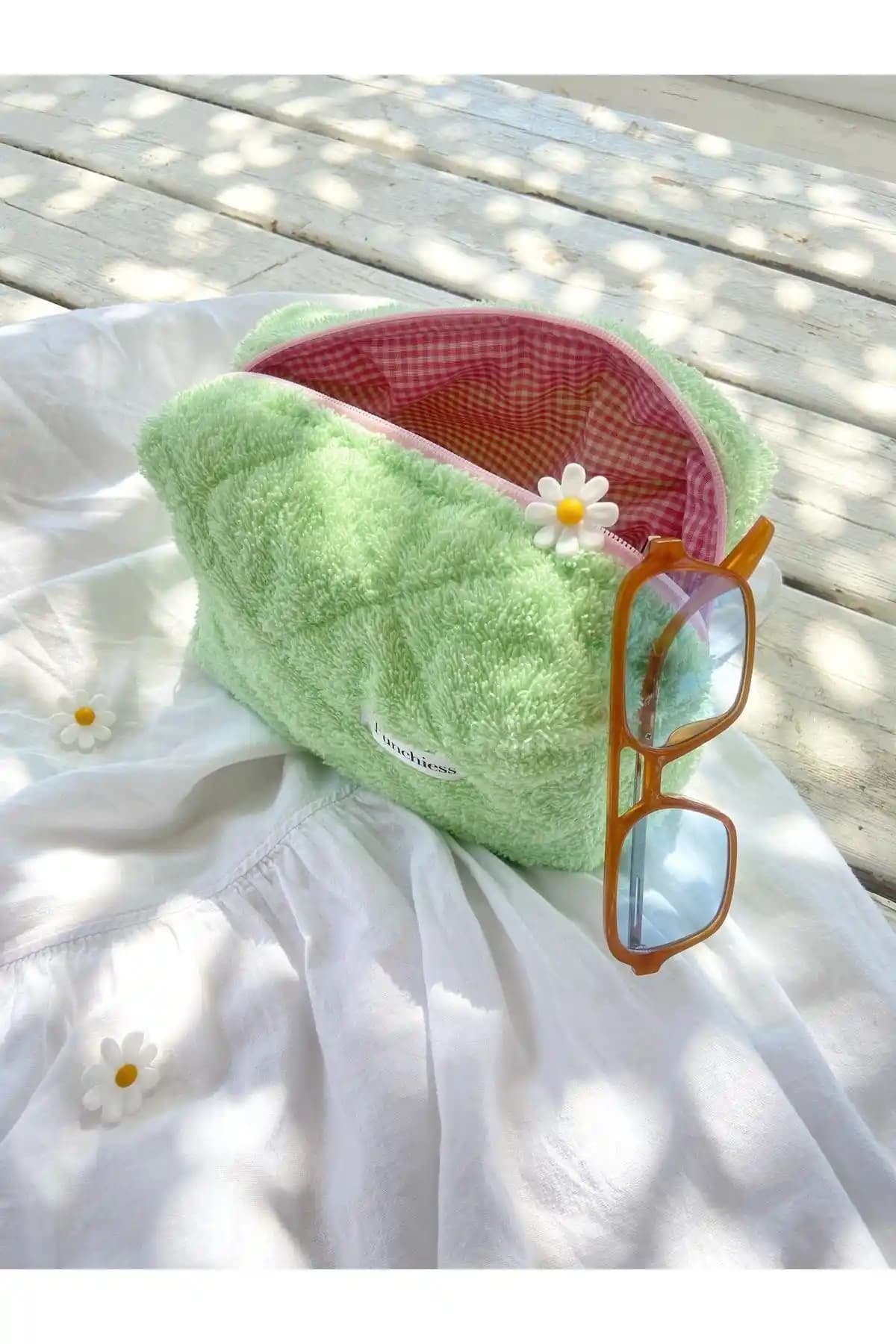 Punchiess Mint Yeşil Havlu Makyaj Çantası Günlük ve Seyahat Kullanımı İçin