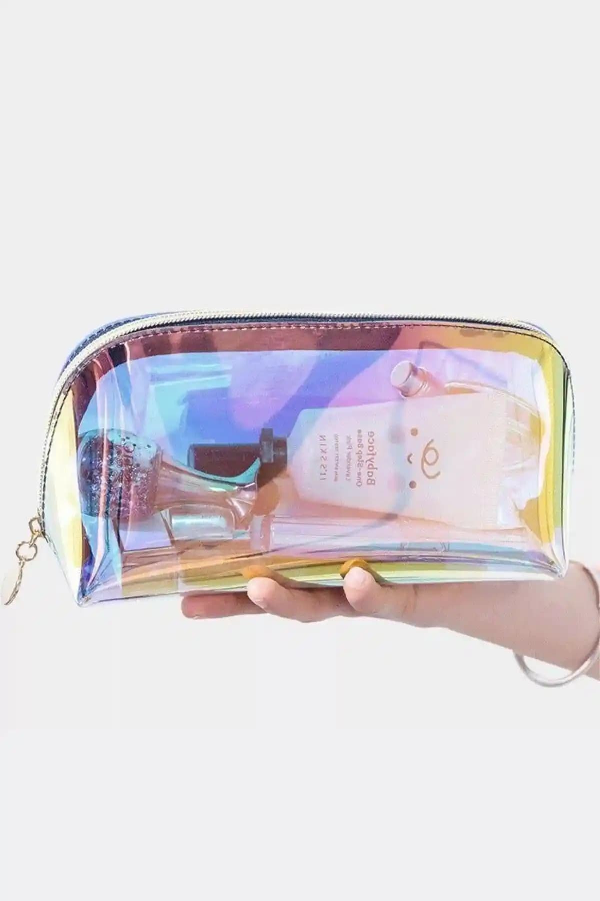 RIPSTAR Gold Hologram Oval Kozmetik Çantası Şık ve Pratik Seyahat Aksesuarı