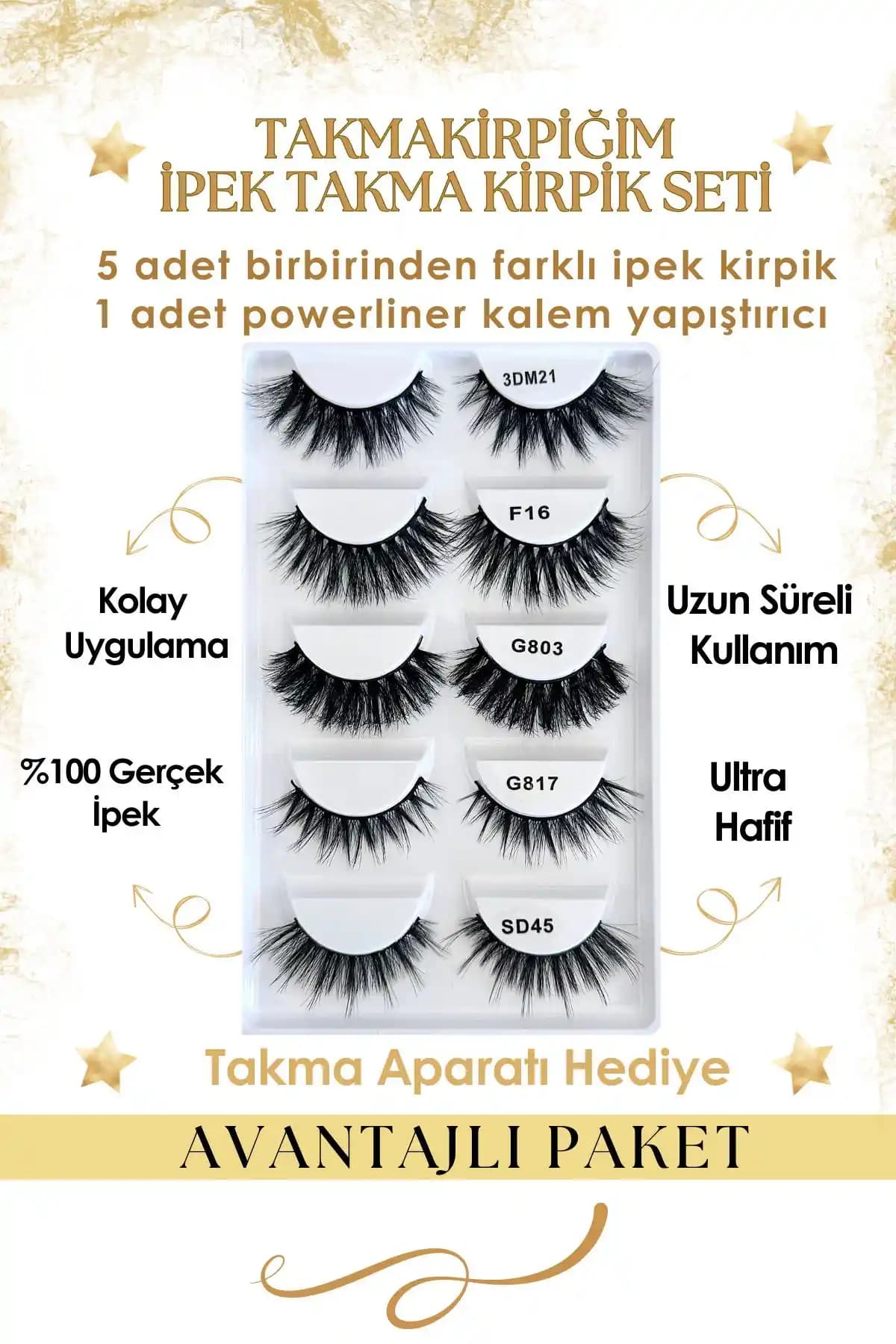 Takmakirpiğim Beşli Ipek Takma Kirpik Seti ve Powerliner Şeffaf Kalem Yapıştırıcı ile Mükemmel Gözler