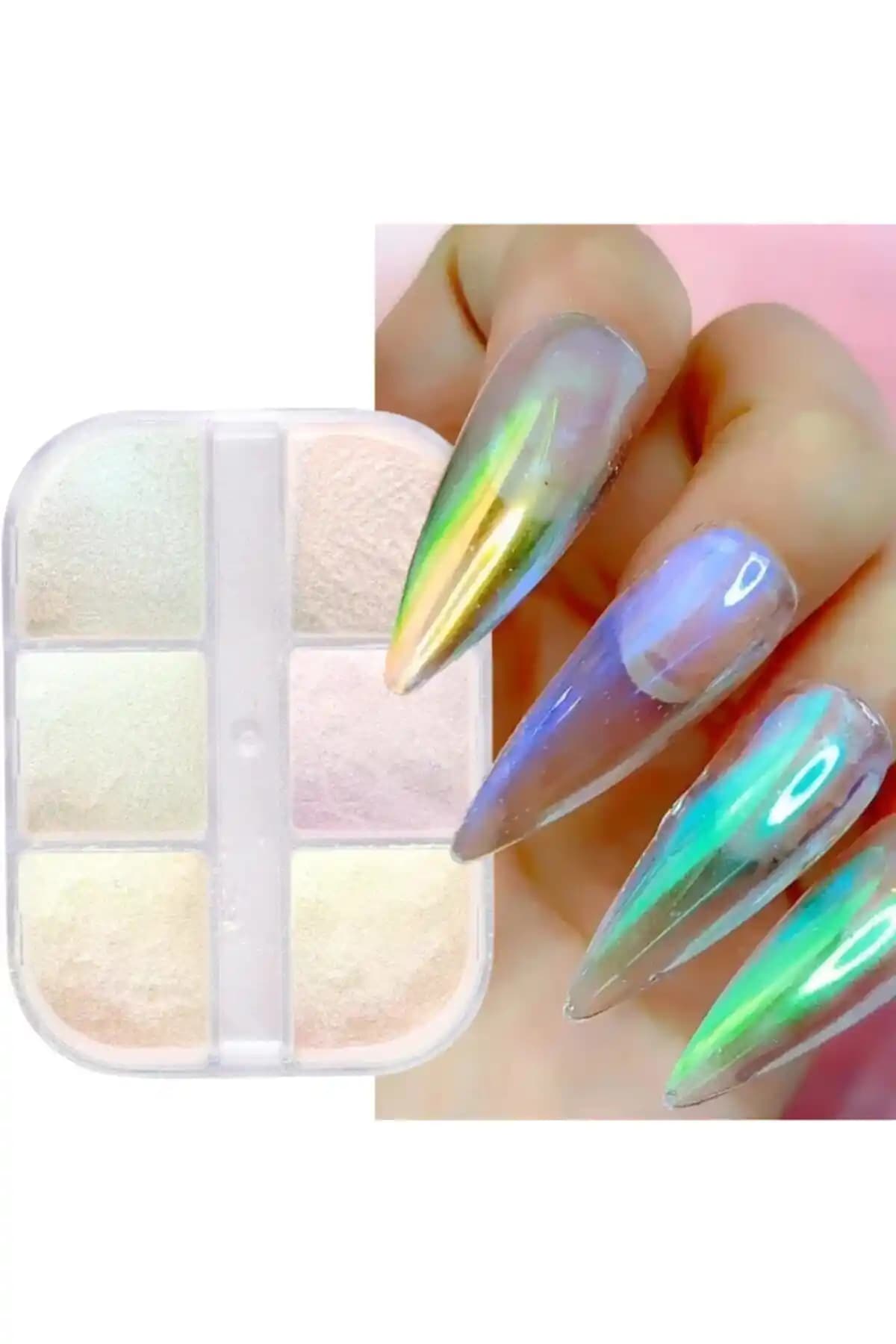Venalisa 6 Adet İnci Tozu Protez Tırnak Seti Yüksek Parlaklık ve Hologram Efektleri İle