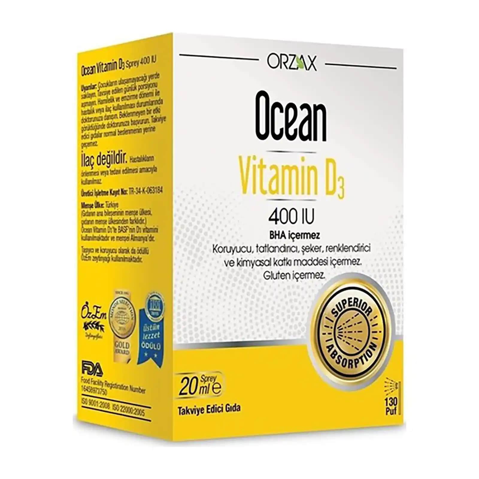 Ocean Devit 400 D vitamini takviyesi çocuklar için güvenilir ve doğal formda 20 ml damla ve sprey seçenekleriyle