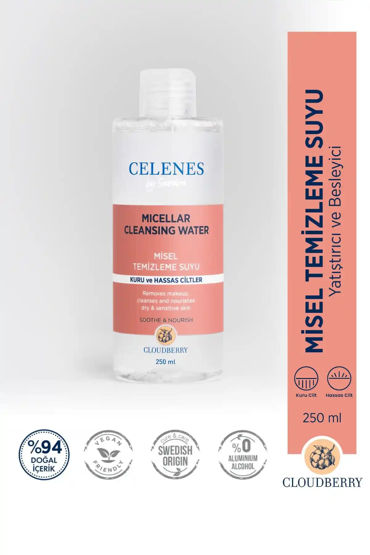Celenes by Sweden Cloudberry Misel Temizleme Suyu Kuru ve Hassas Ciltler İçin Doğal Nemlendirici