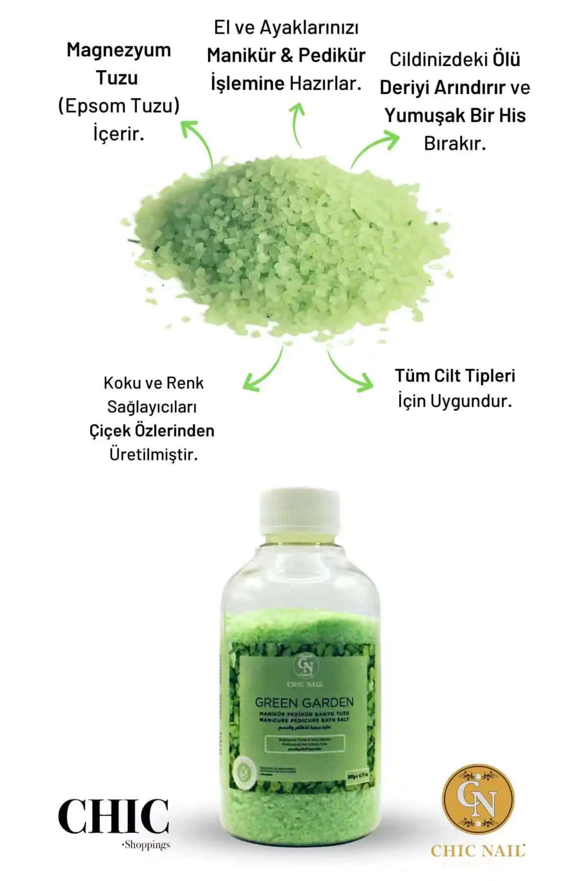 Chic Nail Green Garden Banyo Tuzu: Doğal ve Rahatlatıcı Cilt ve Kas Bakımı Ürünü
